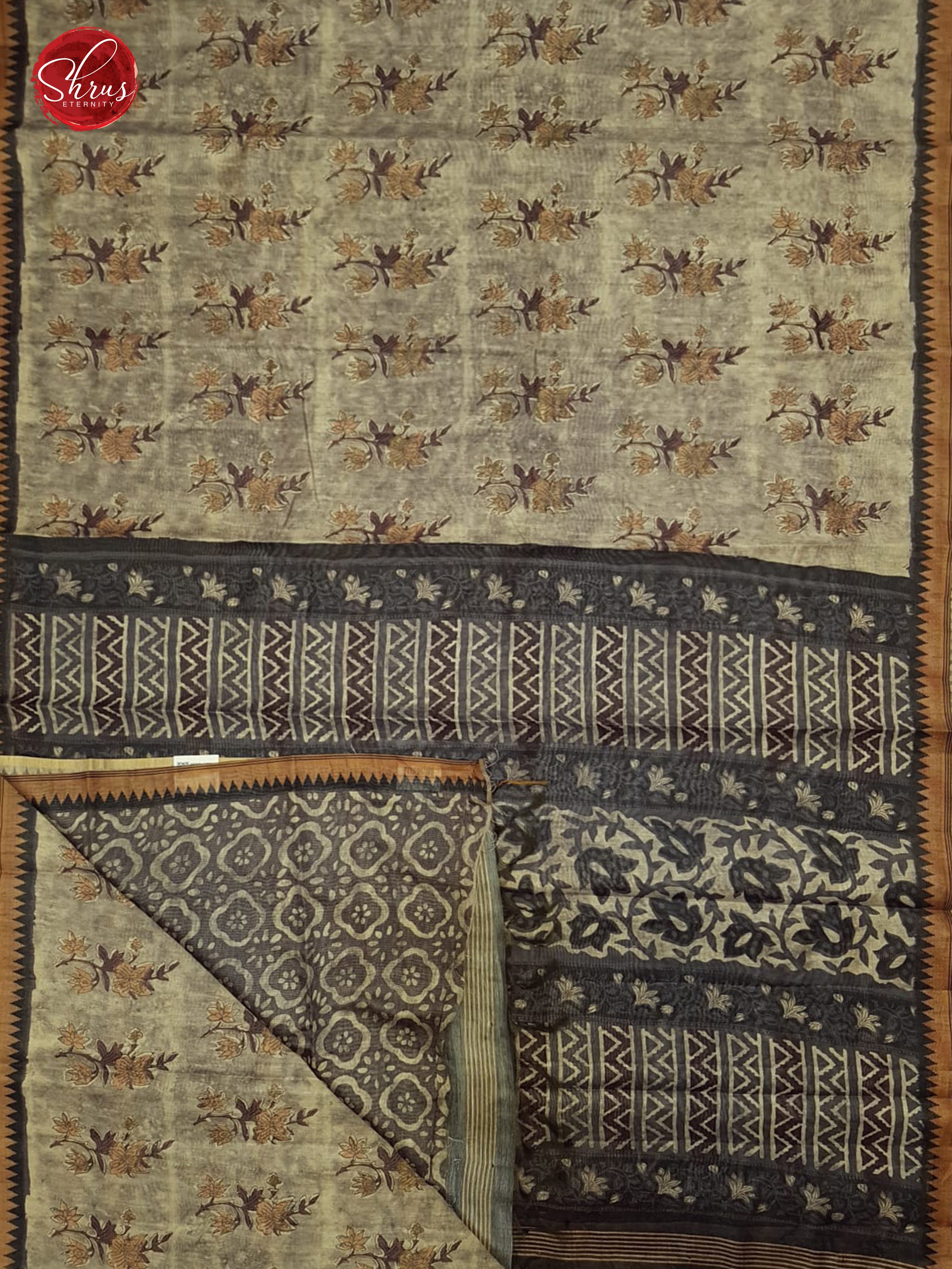 Light Grey & Dark Grey - Semi Gicha with floral print on the body & Zari Border - Shop on ShrusEternity.com
