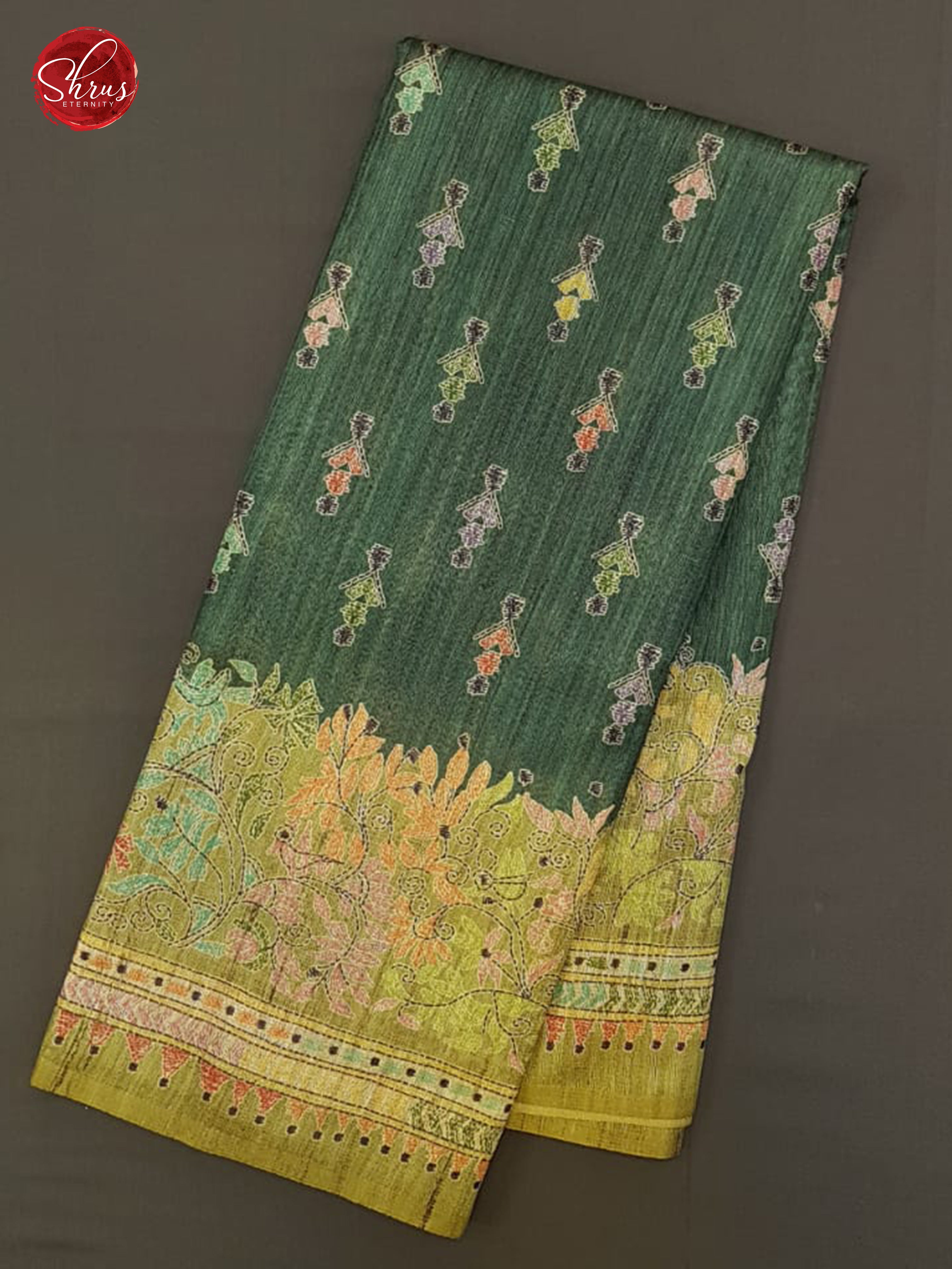 Green & Light Green - Semi Gicha with floral print on the body & Border - Shop on ShrusEternity.com