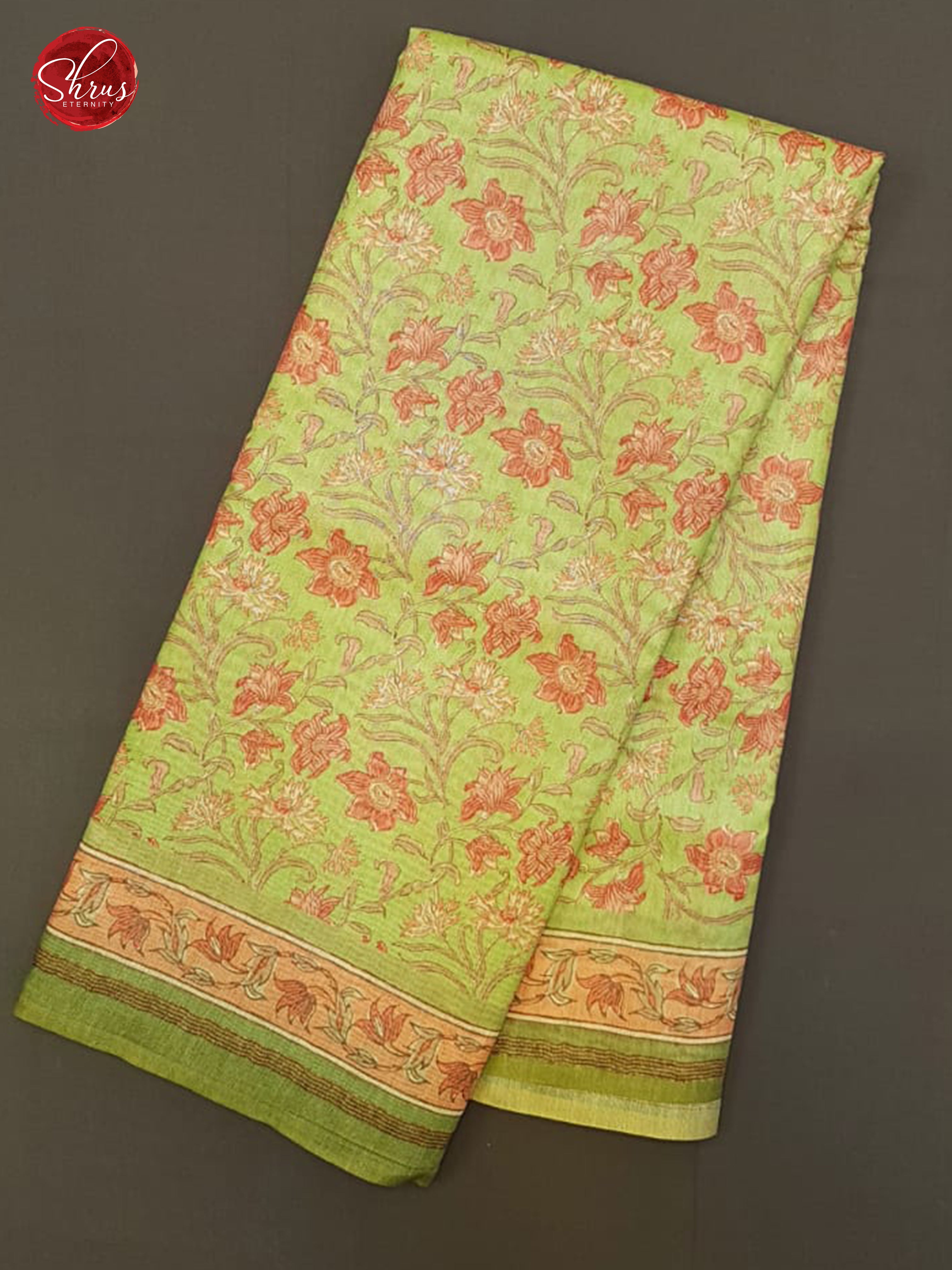Green & Brown - Semi Gicha with floral print on the body & Border - Shop on ShrusEternity.com