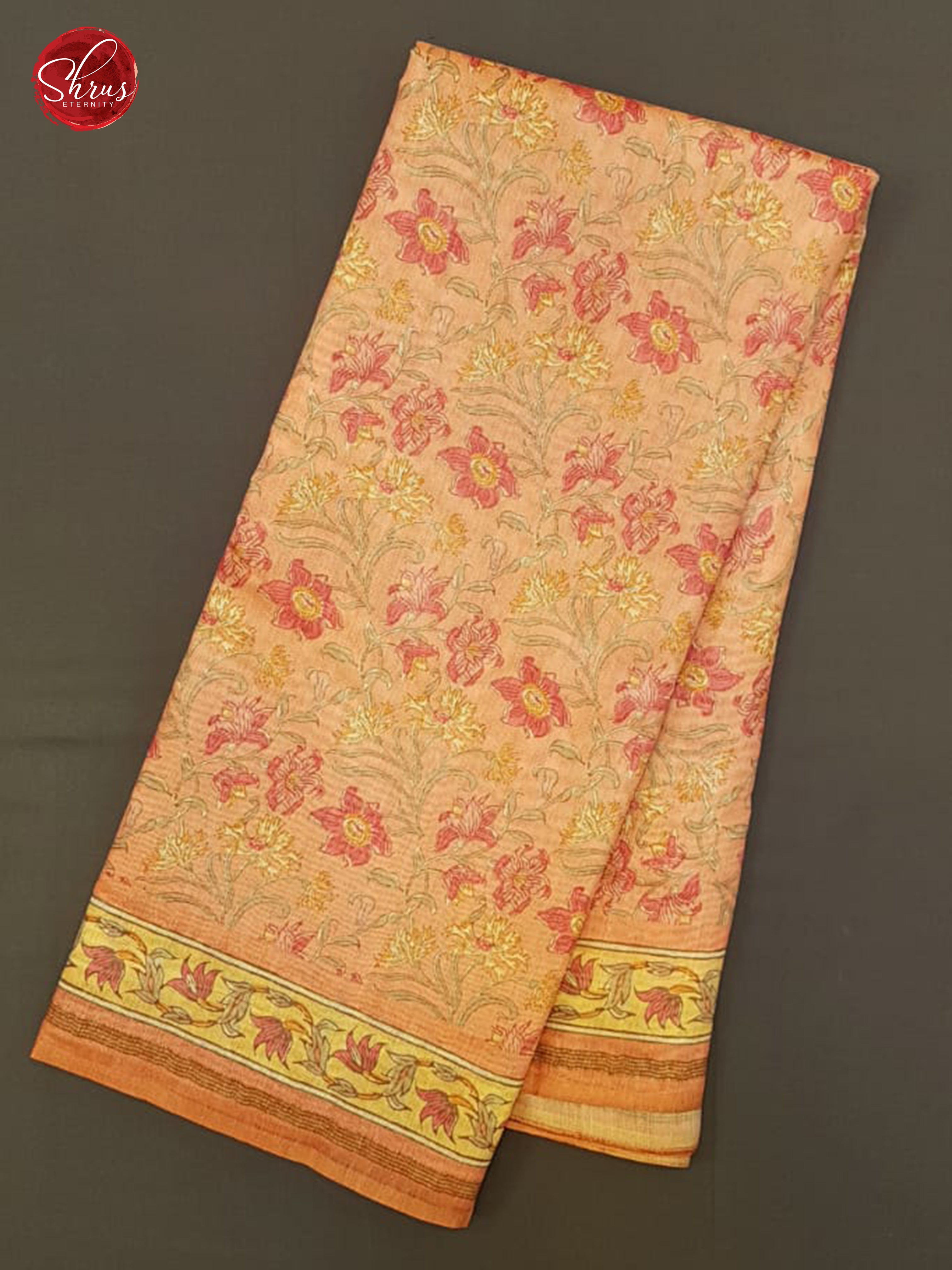Peachish Pink & Yellow - Semi Gicha with floral print on the body & Border - Shop on ShrusEternity.com