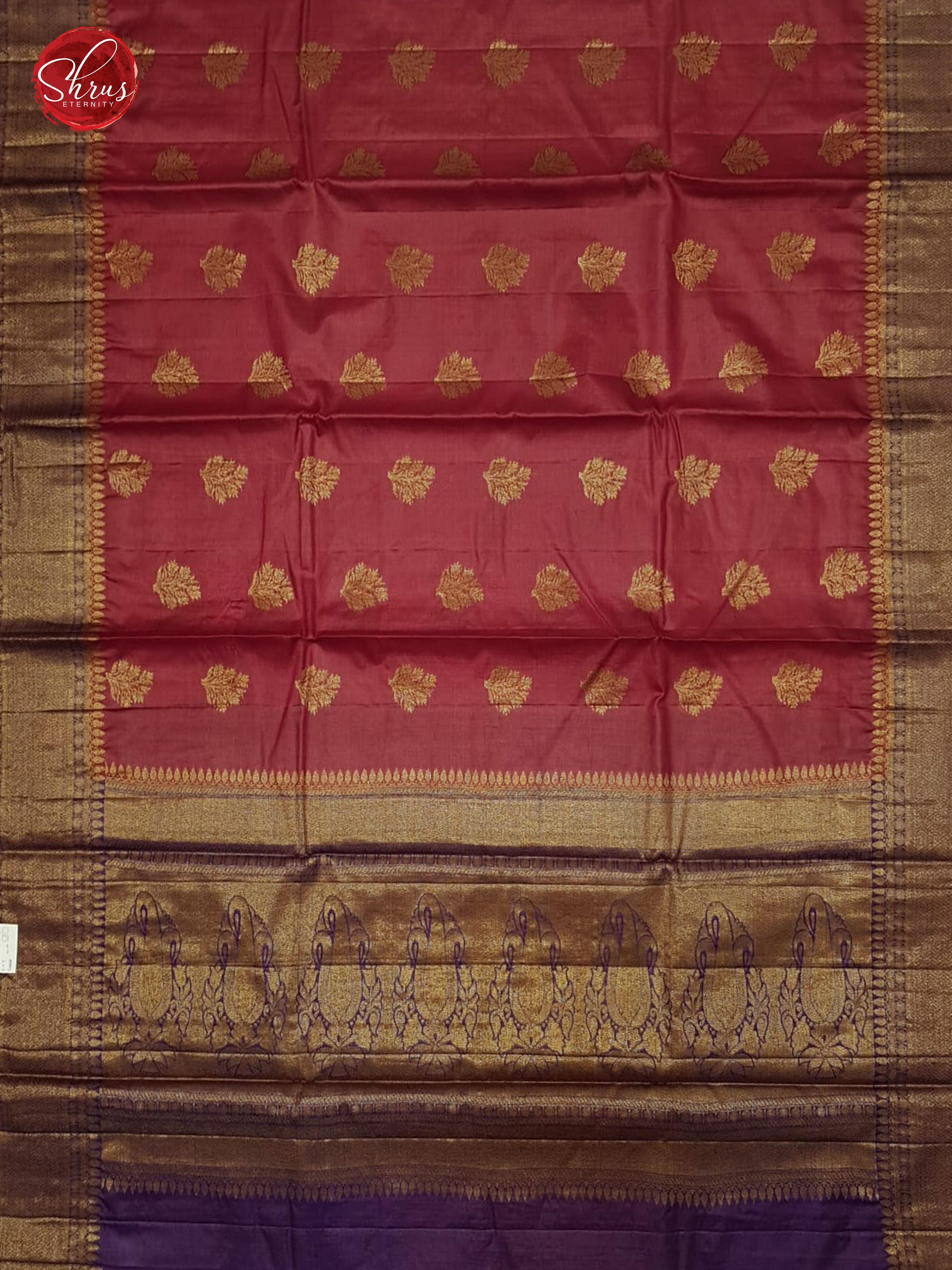 Red & Purple - Tussar with zari woven floral buttas on the body & Zari Border - Shop on ShrusEternity.com