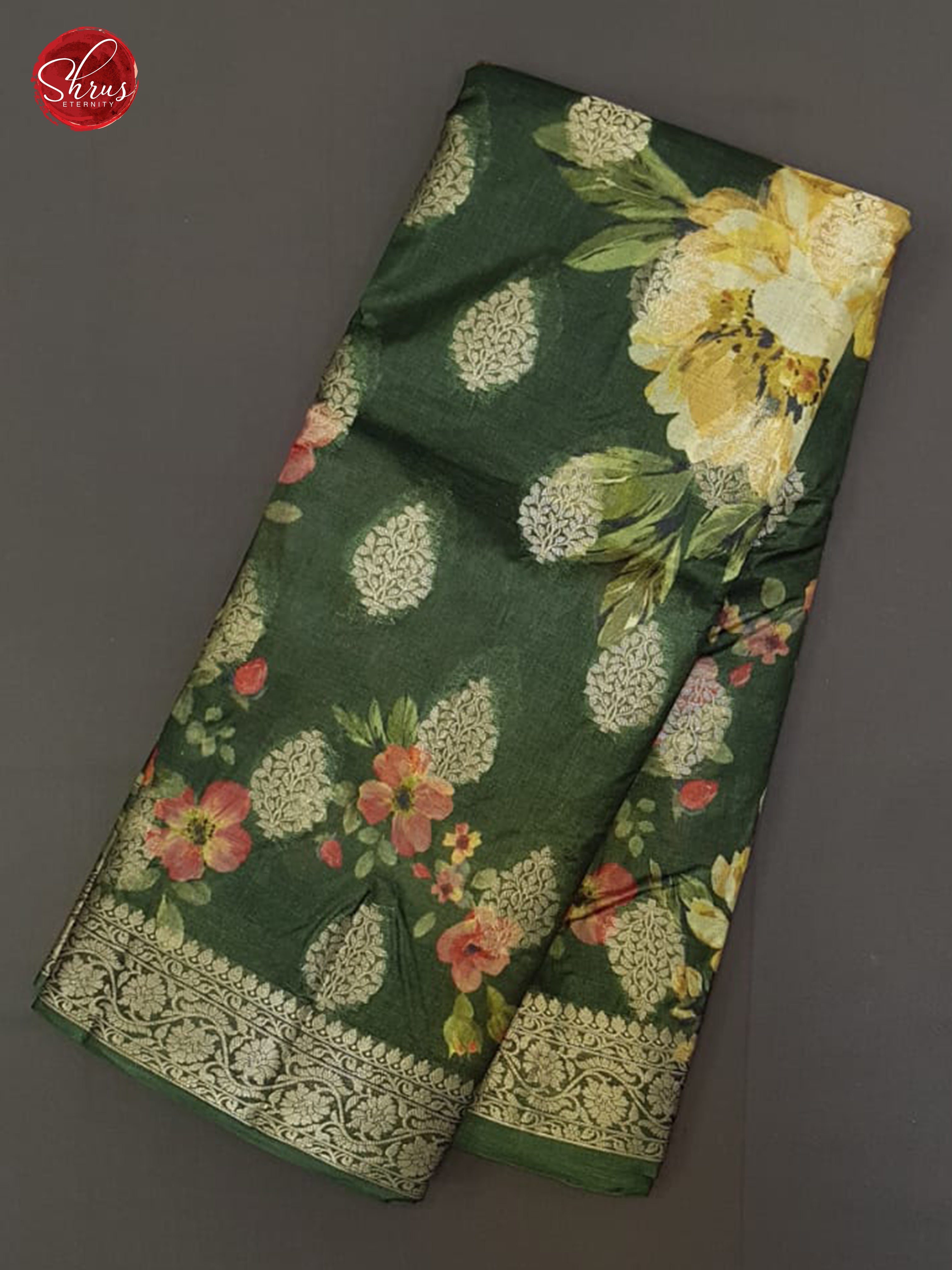 Green(Single Tone)-Tussar Silk with floral print ,zari woven floral motifs on the Body & Zari Border - Shop on ShrusEternity.com