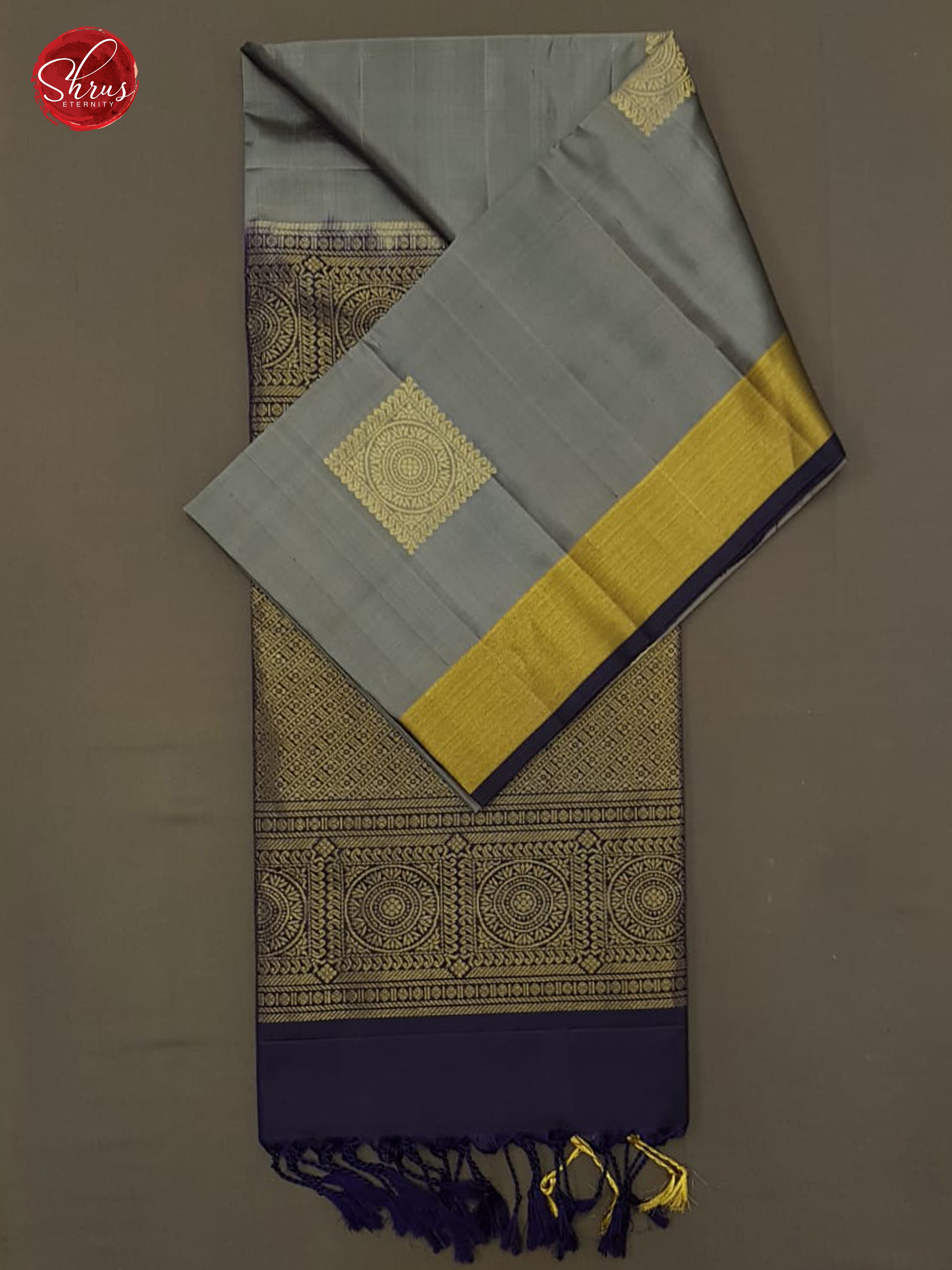 Grey & Blue- Soft Silk with Zari woven block Motifs & Zari Border - Shop on ShrusEternity.com