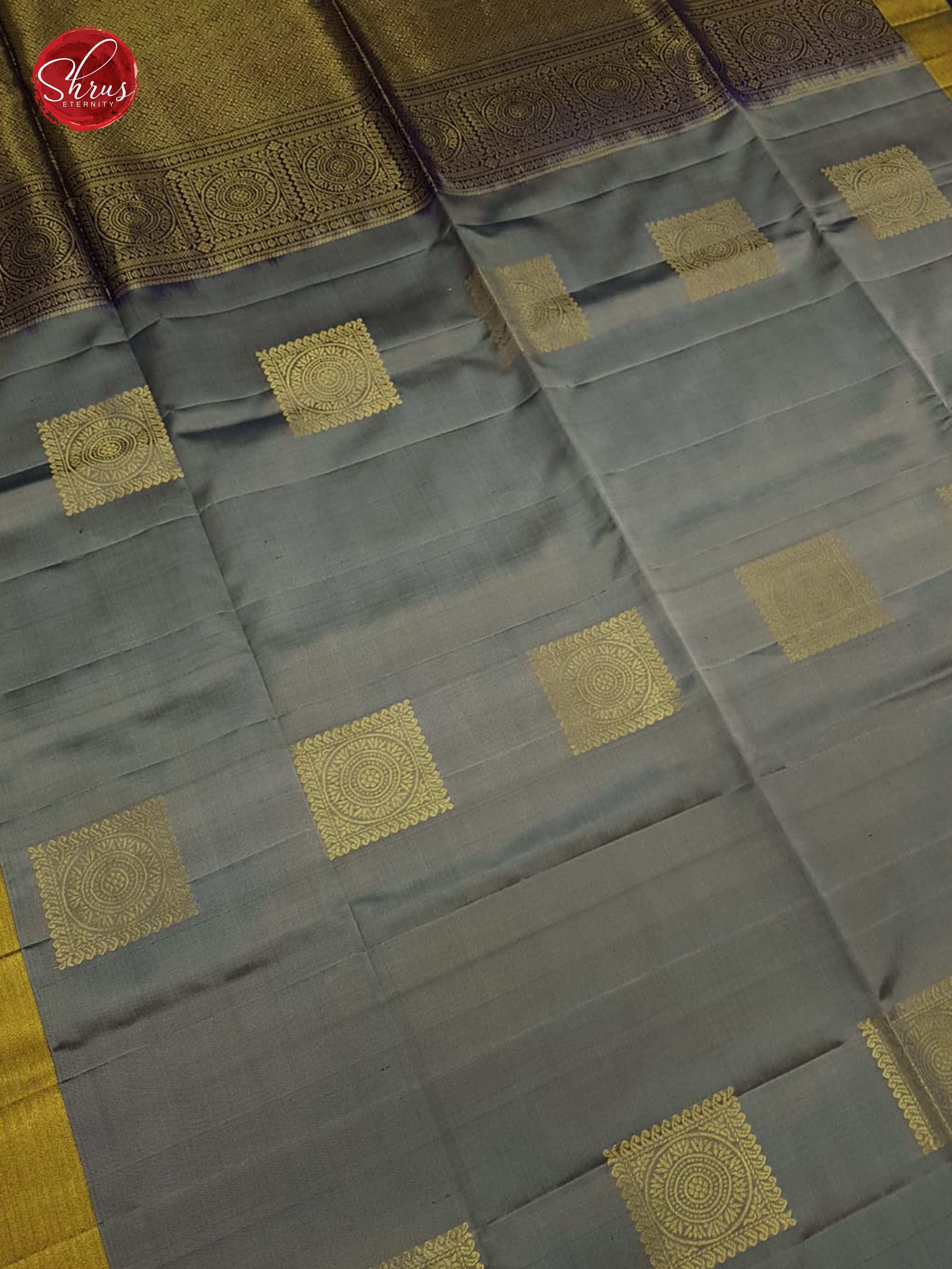 Grey & Blue- Soft Silk with Zari woven block Motifs & Zari Border - Shop on ShrusEternity.com