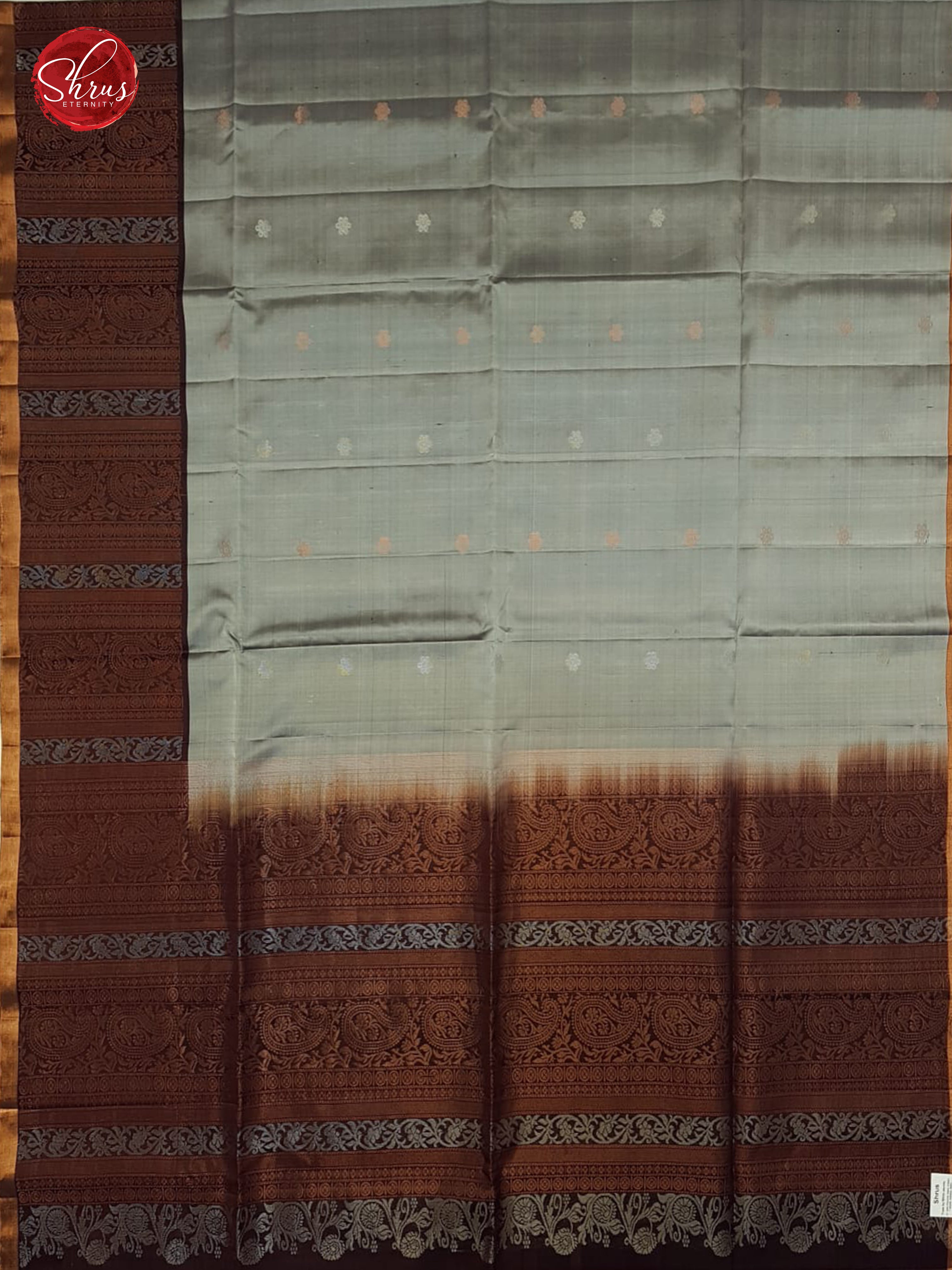 Grey & Brown - Silk(Half Pure) Saree with zari buttas on the body & zari Border - Shop on ShrusEternity.com