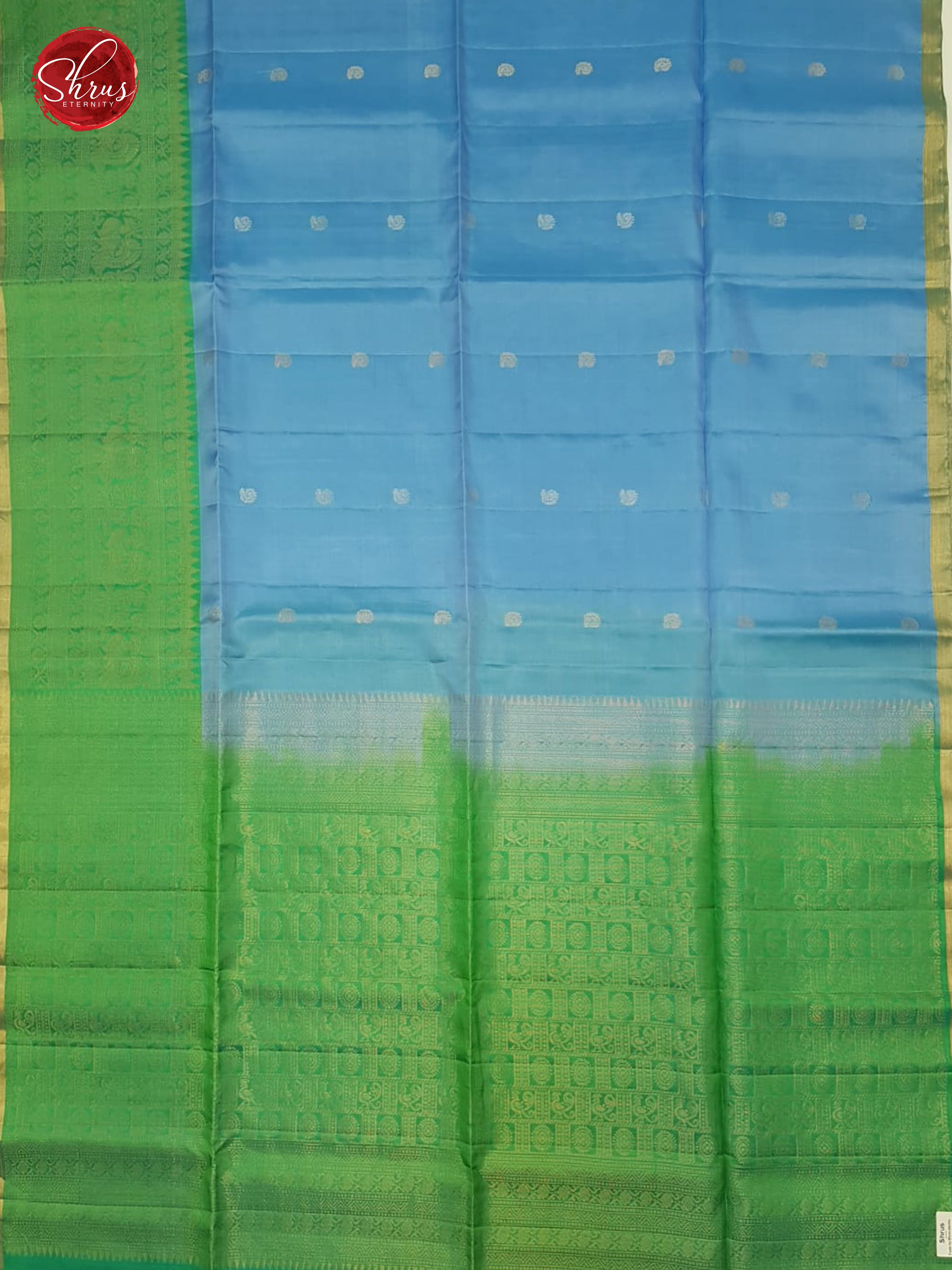 Sky Blue and Green -Silk (half-Pure) with Zari woven buttas on the body & Contrast Zari Border - Shop on ShrusEternity.com