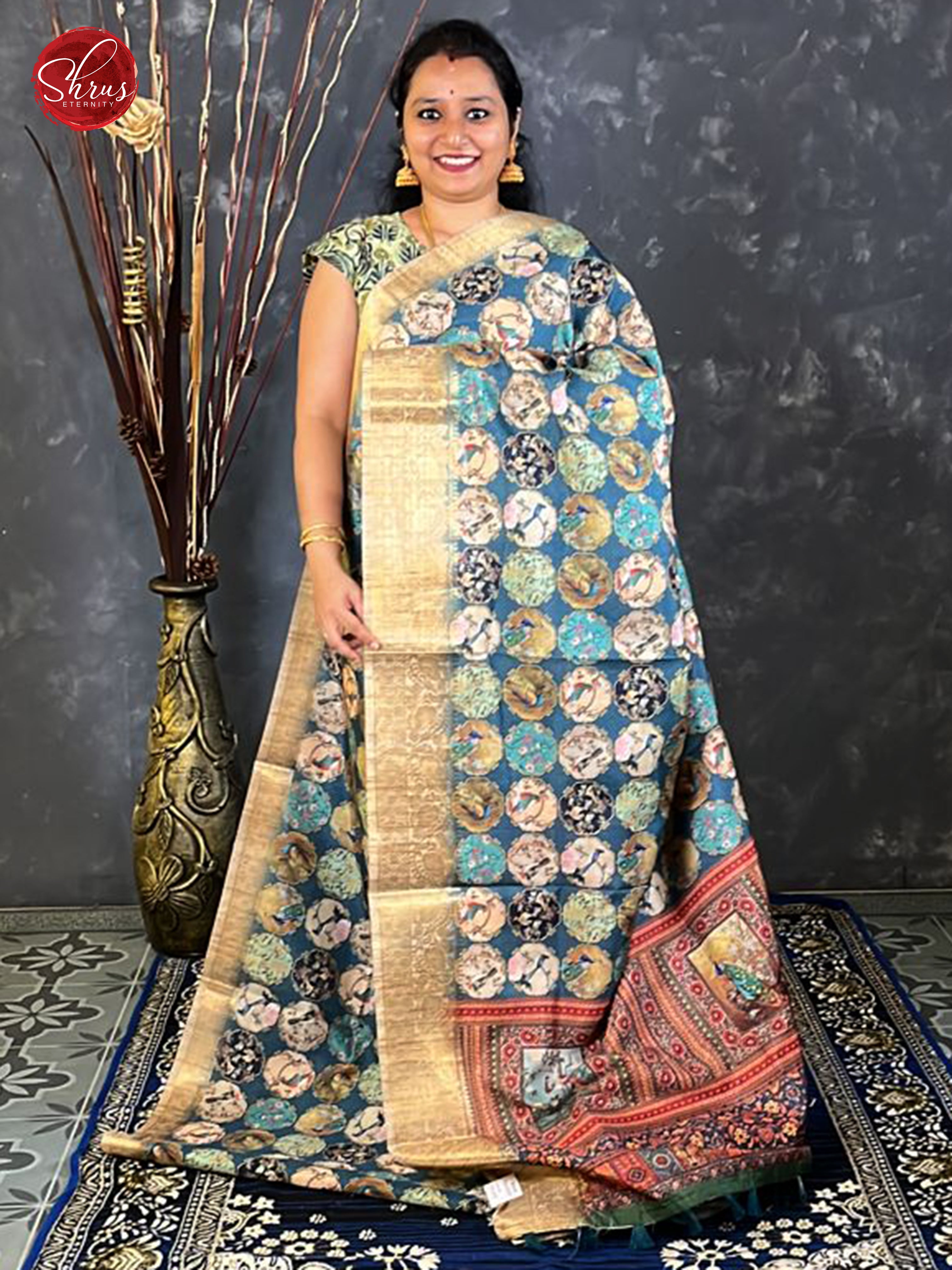 Blue & Gold -Semi Tussar with printed body and contrast zari Border - Shop on ShrusEternity.com