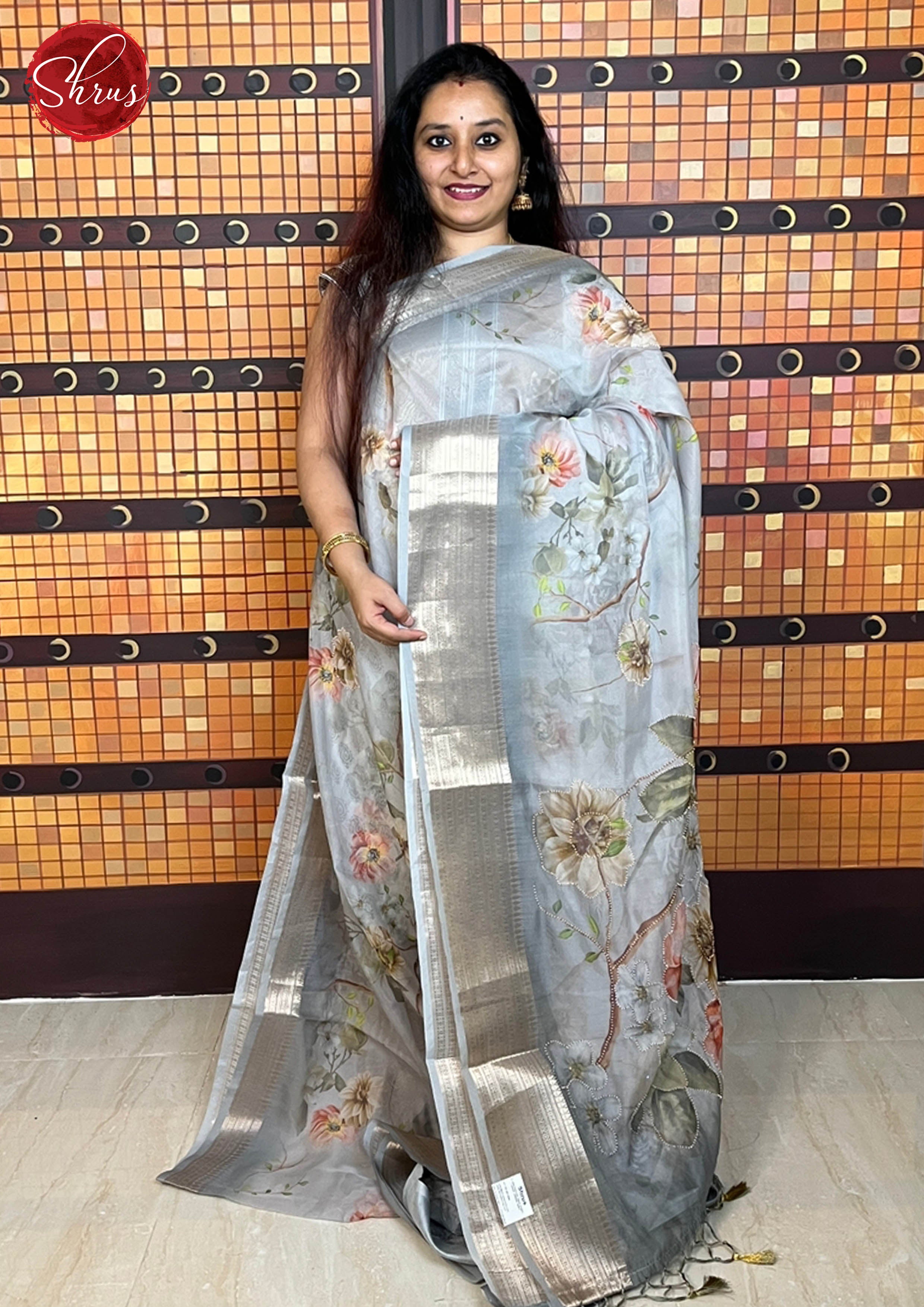 Grey(Single Tone)- Semi Organza with floral print with beads embroidery on the body & zari Border - Shop on ShrusEternity.com