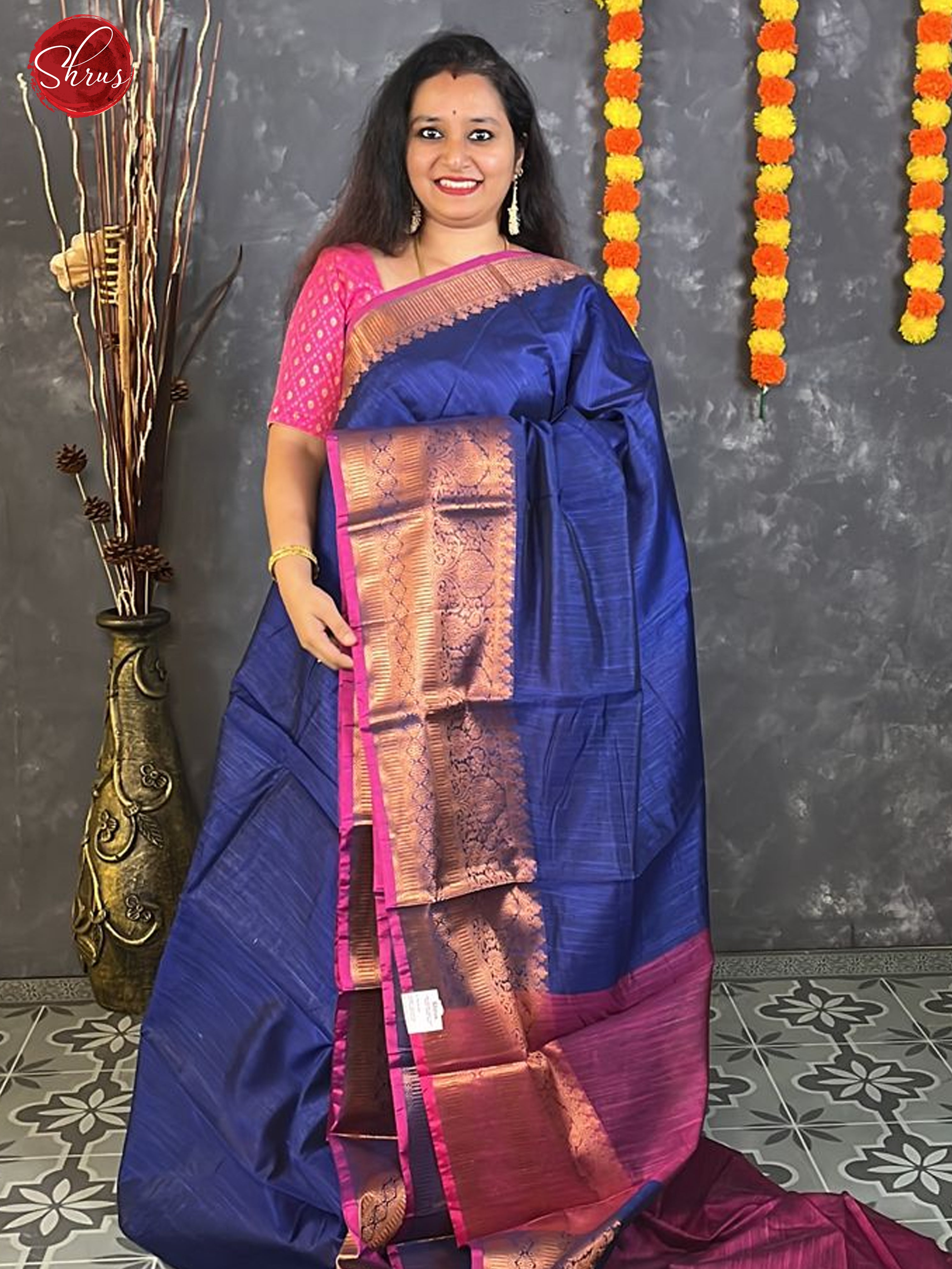 Blue & Purple -Semi Silk Cotton with plain body & Zari Border - Shop on ShrusEternity.com