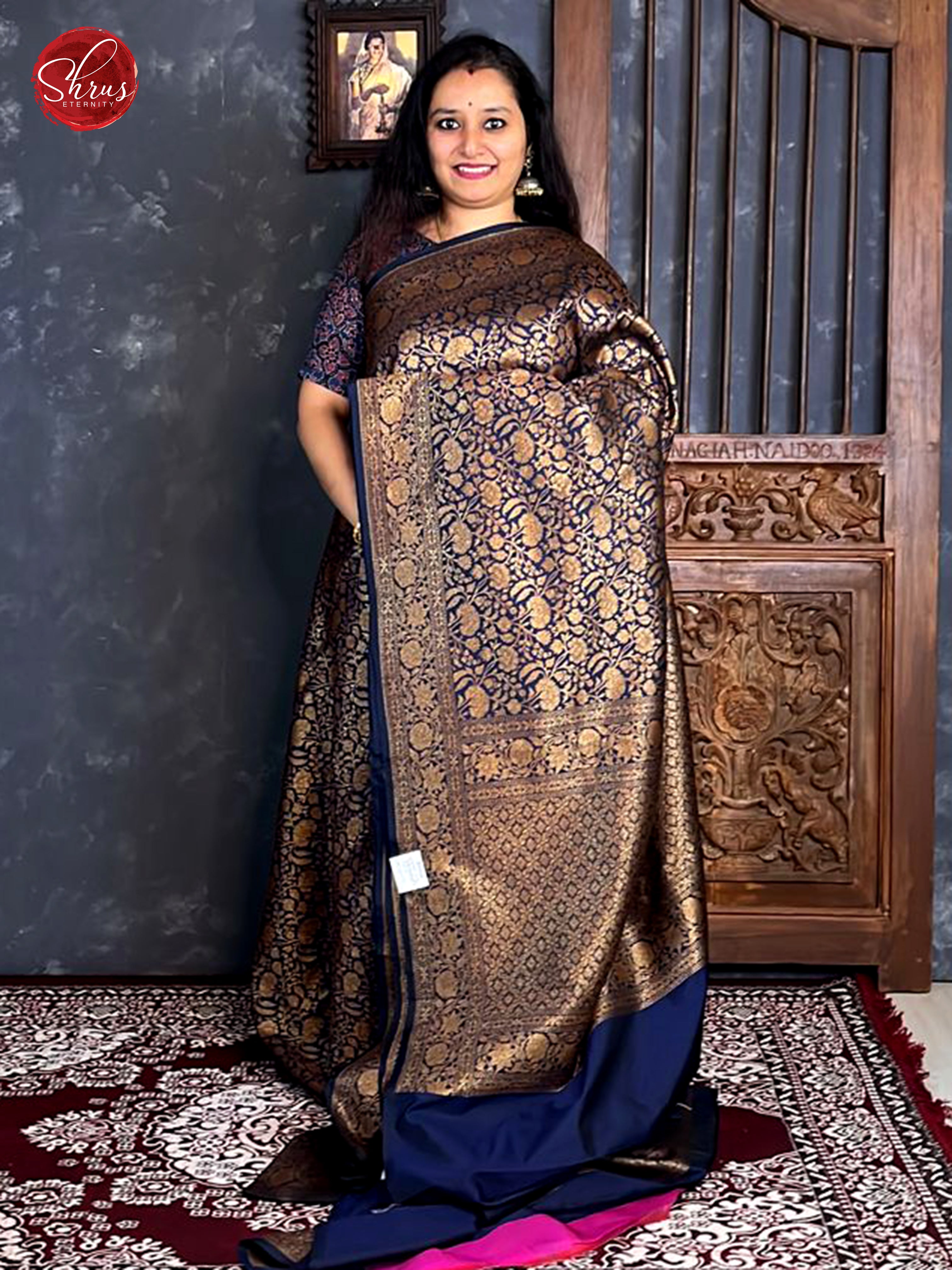 Blue9single Tone)- Semi Banarasi with zari woven floral nestling brocade on the body & Zari Border - Shop on ShrusEternity.com