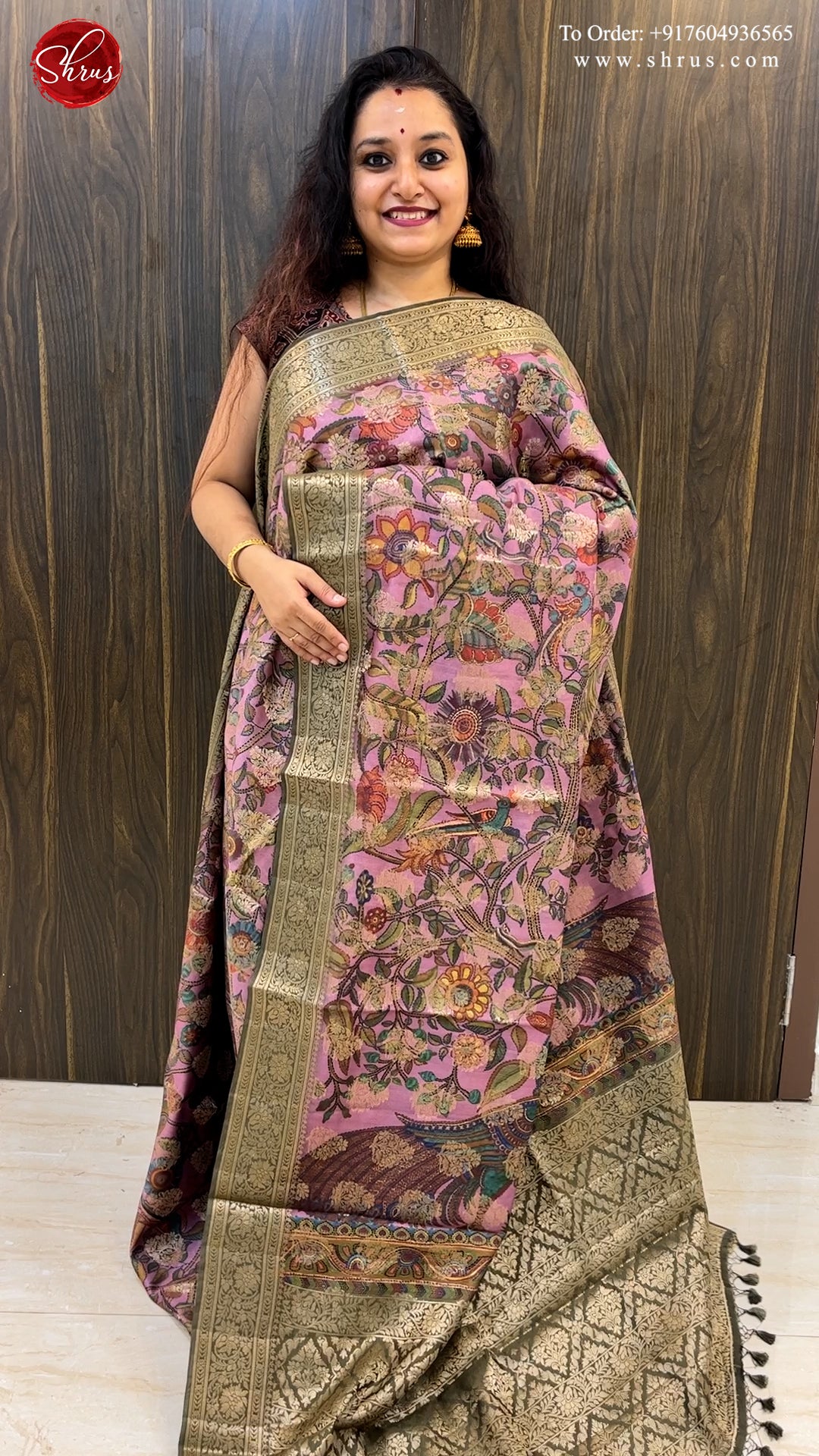 Pink & Green Tussar with zari woven floral motifs , floral print on the body