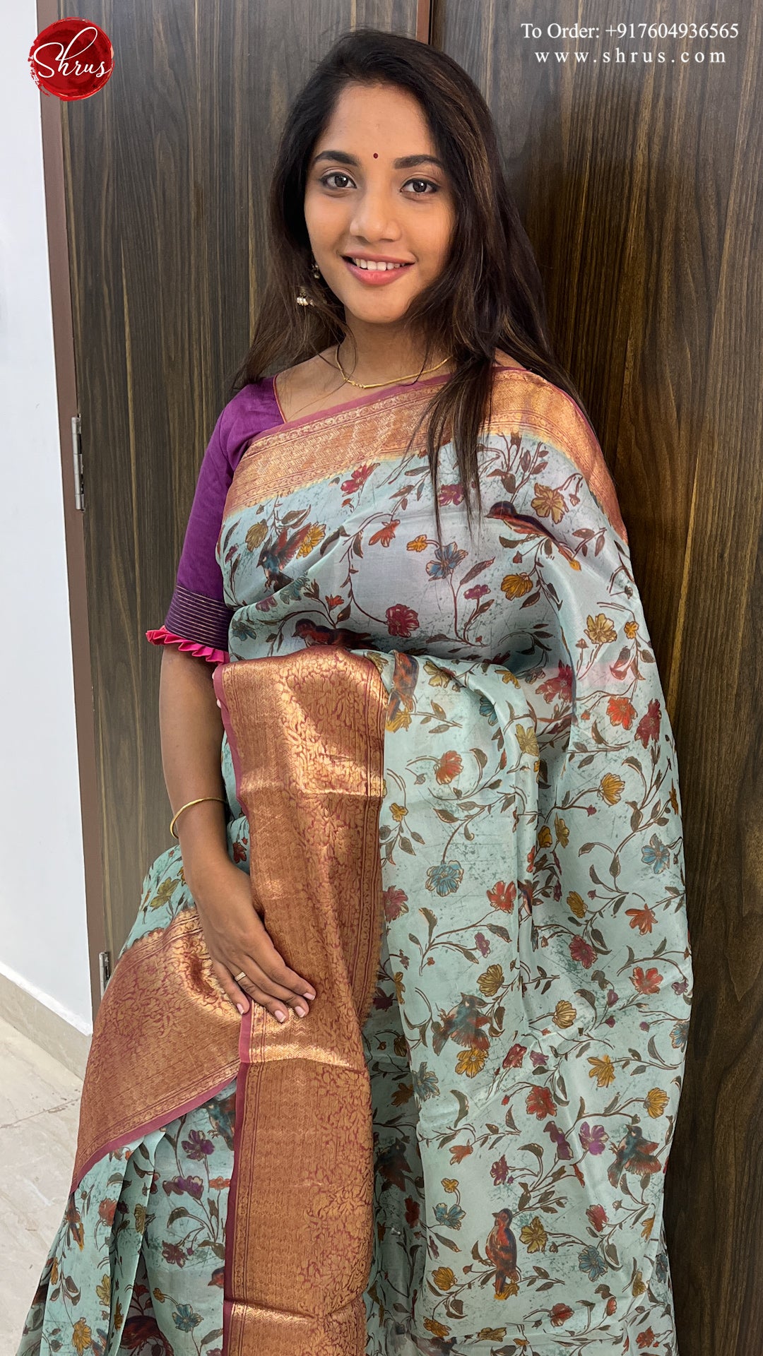 Green & Orange - Organza with floral print on the body and zari border - Shop on ShrusEternity.com