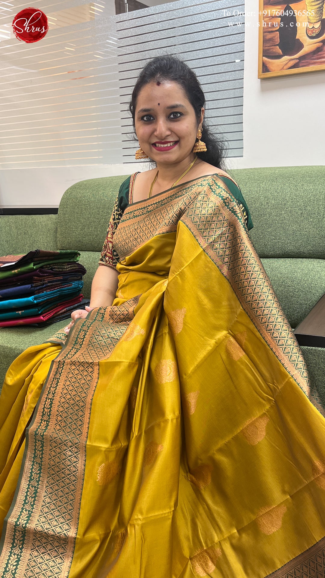 Mustard & Green - Semi Soft Silk with zari woven floral motifs on the body & contrast Zari Border - Shop on ShrusEternity.com