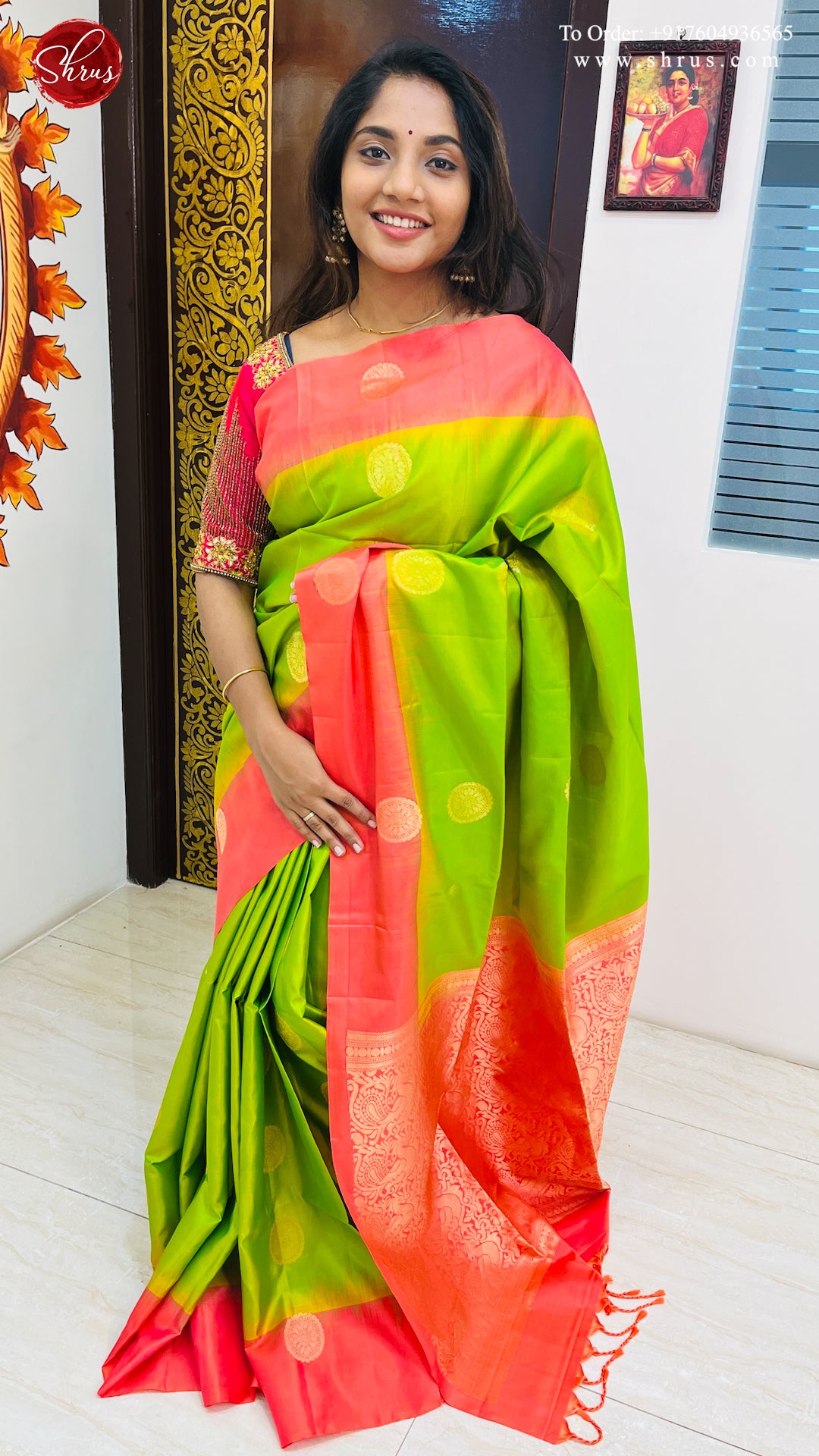 Green and Orangish Pink - Soft Silk Saree - Shop on ShrusEternity.com