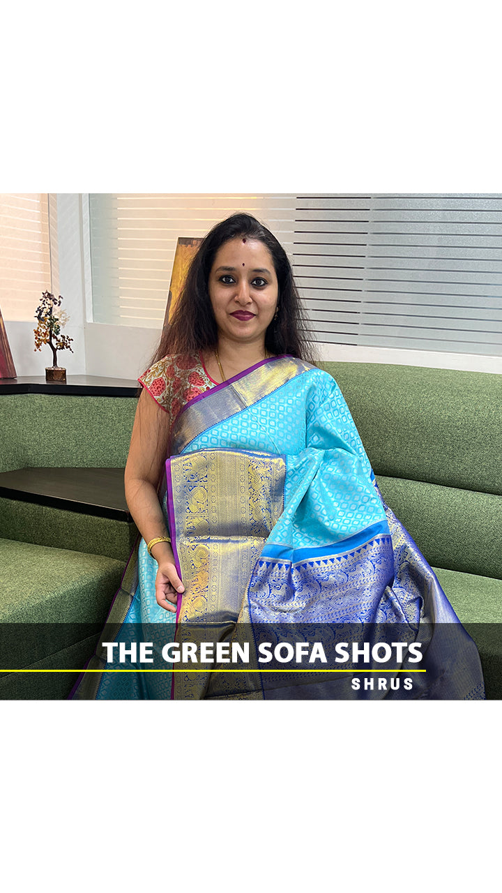 Ice Blue and Blue Korvai Kanchipuram Silk Saree With Criss-Cross Zari Woven Brocade Design-1