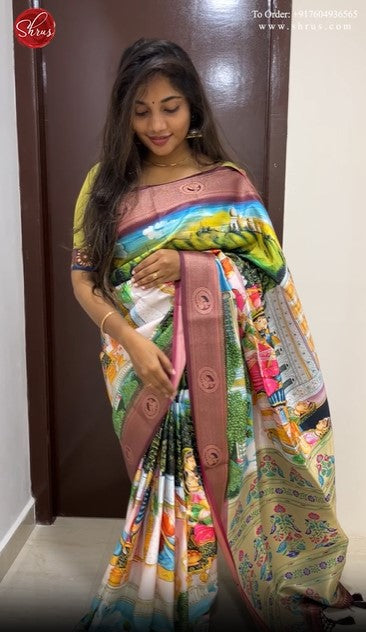 Green & Brown -Semi Paithani with art printed body & Zari Border - Shop on ShrusEternity.com