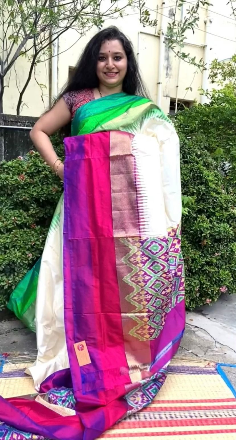 Cream Ganga Jamuna - Ikkat Silk Saree - Shop on ShrusEternity.com