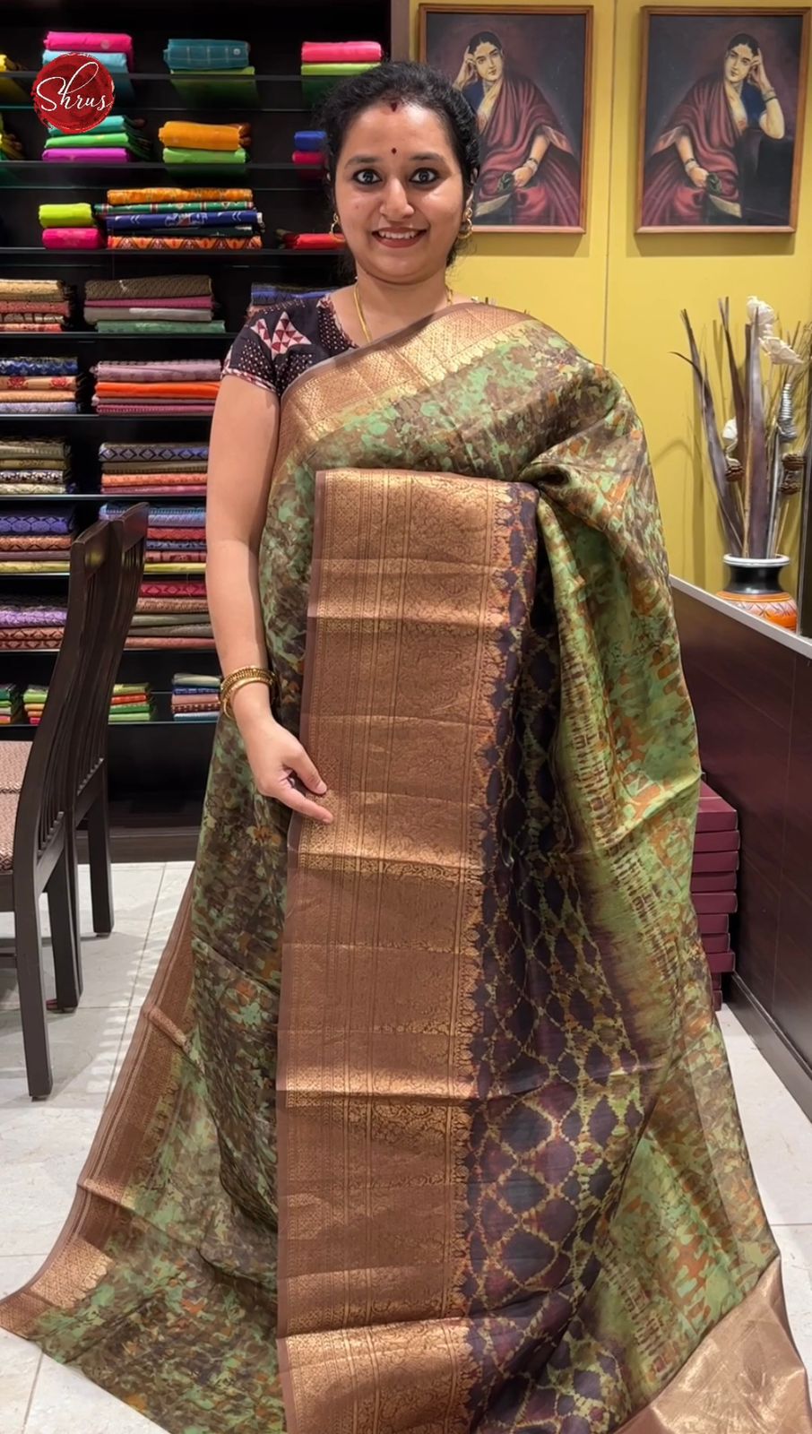 Green & Brown - Organza with floral pattern on the body and zari border - Shop on ShrusEternity.com