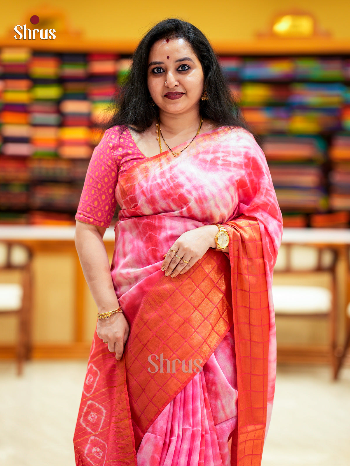 Cream And Pink- Shibori Saree