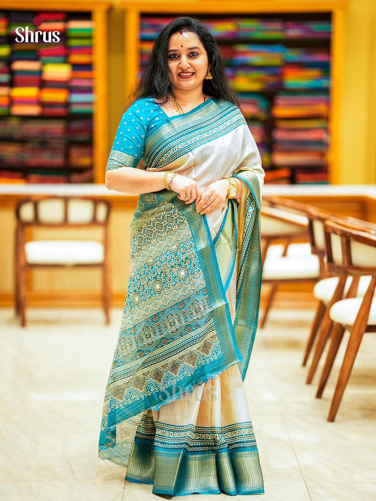 Cream & Green - Semi Crepe - Saree - EAS30461