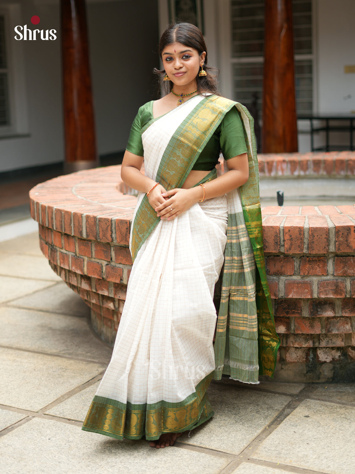 White & Green - Sungudi Cotton Saree