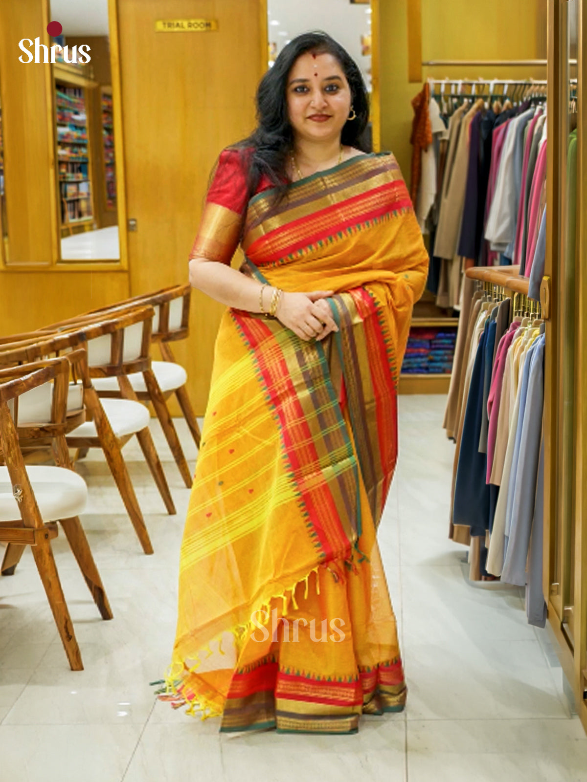 Pretty Mustard Chettinad Cotton Saree With Thread Buttas, Green & Red Temple Zari Border - Shop on Shrus.com