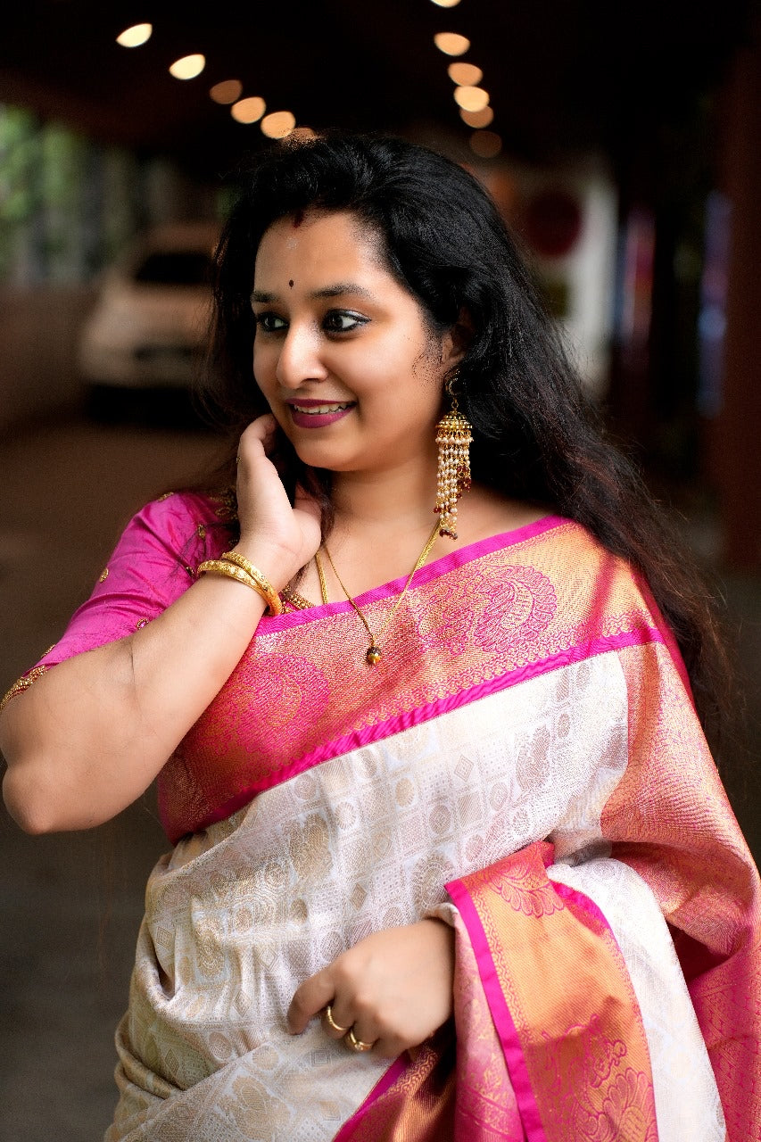 Cream & Pink- Semi Kanchipuram Saree with checkered Rudraksha & Peacock body patterns & with Gold zari borders - Shop on ShrusEternity.com