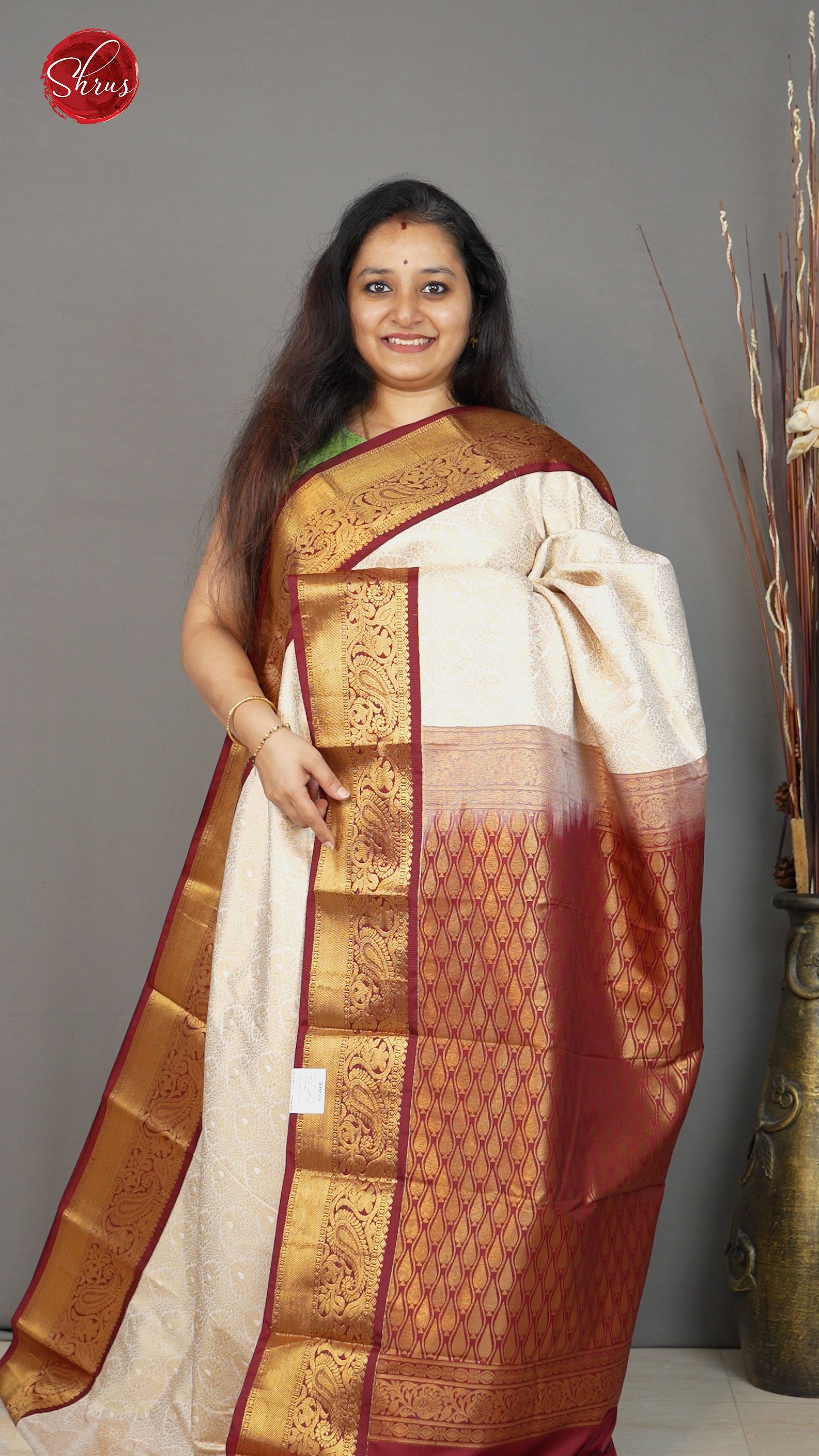 Cream and maroon  - Semi Kanchipuram - Shop on ShrusEternity.com