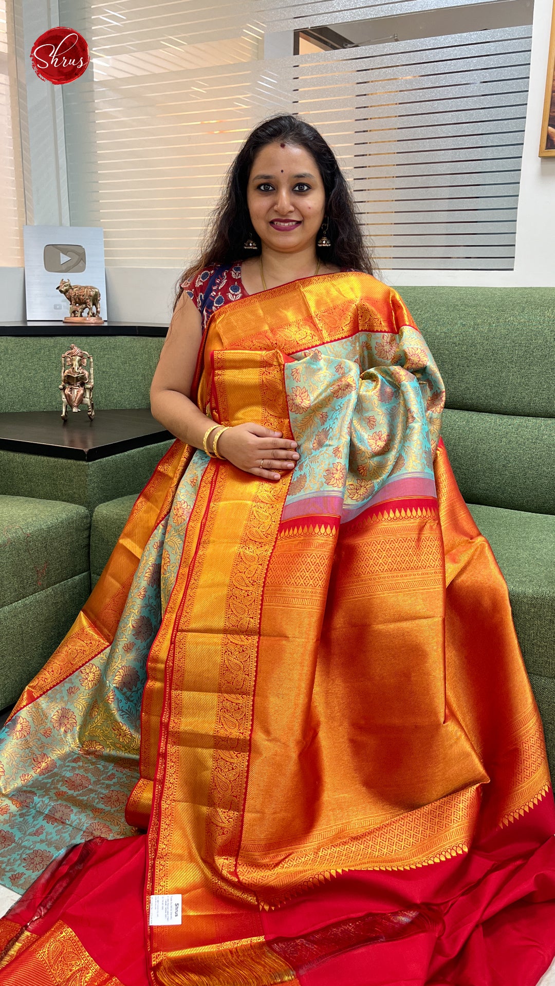 Blueish Grey and Orange  - Kanchipuram Silk Saree - Shop on ShrusEternity.com