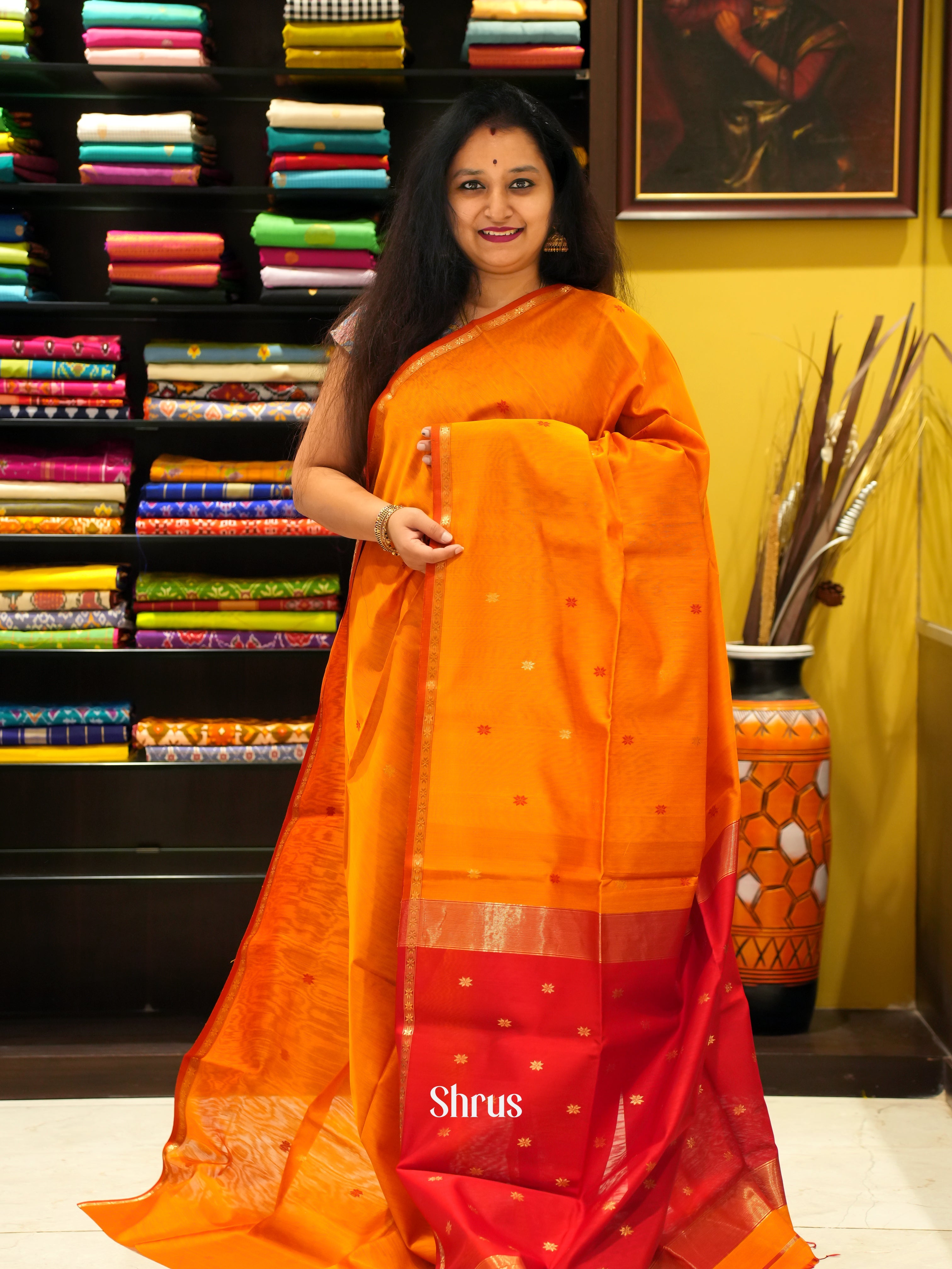 Fire Orange And Red- Maheshwari Silk Cotton Saree