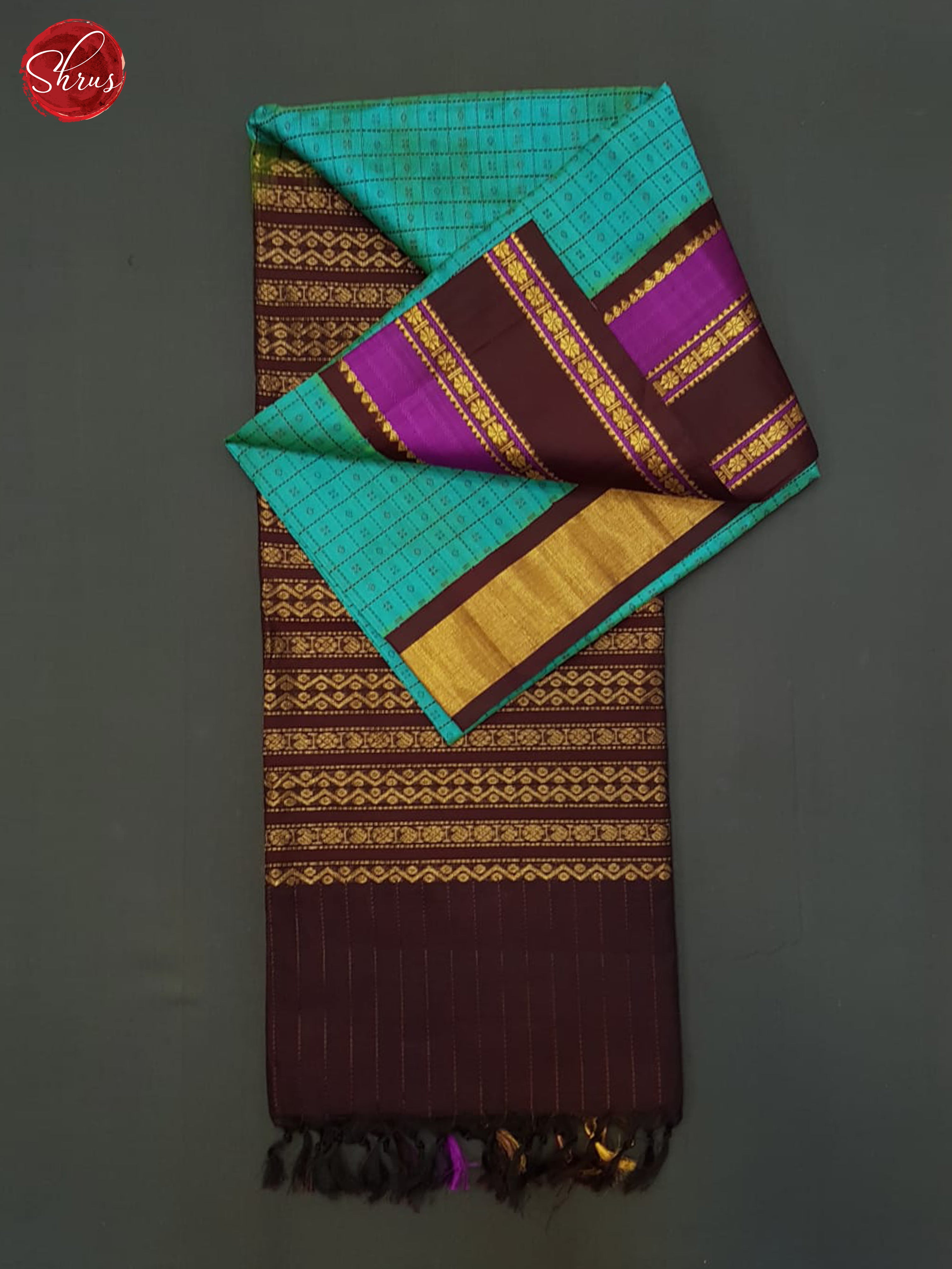 Peacock Blue & Brown - Silk Cotton Saree - Shop on ShrusEternity.com