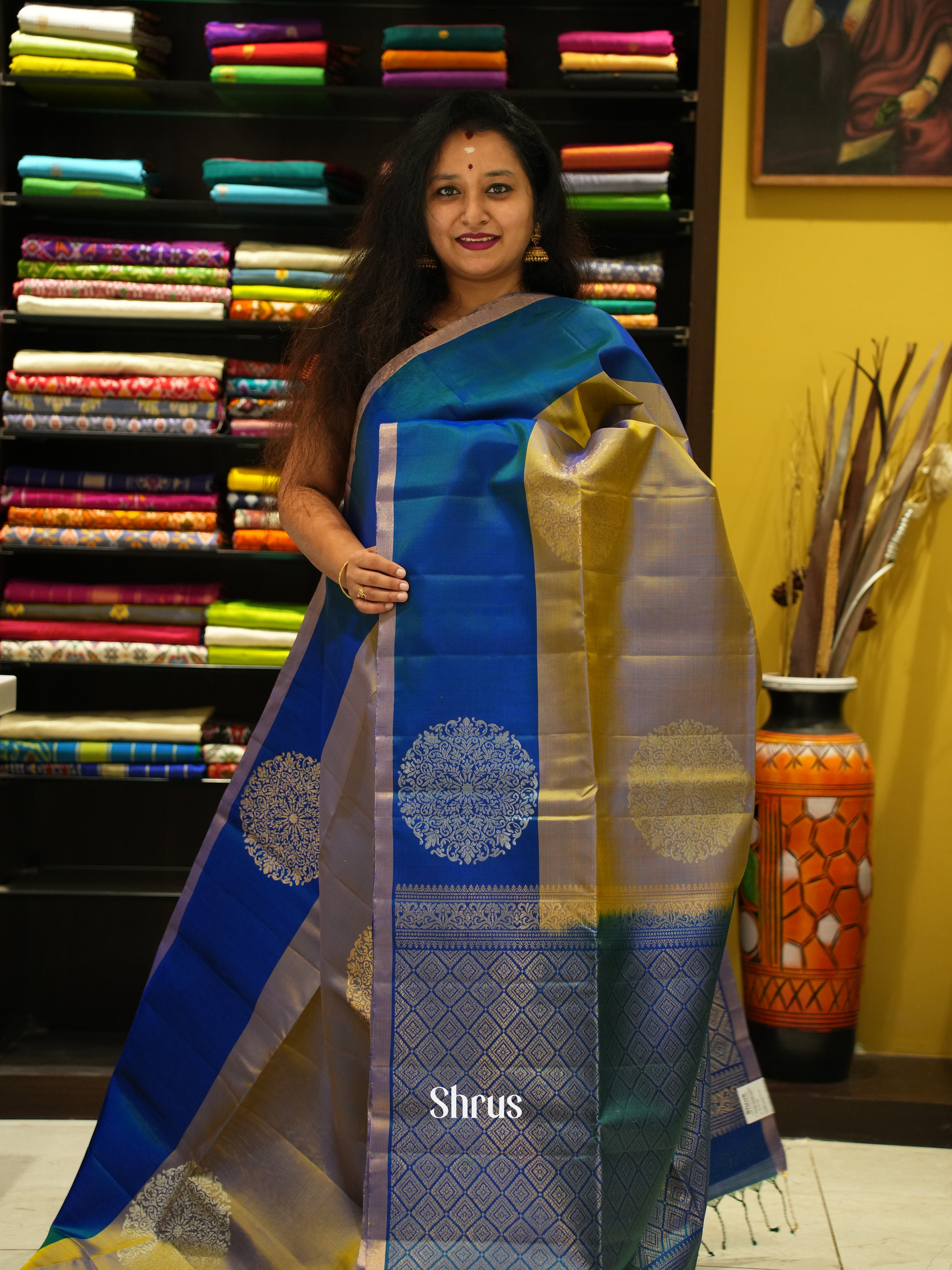 Dual tone Greenish gold & Peacock Blue  - Soft Silk Saree - Shop on ShrusEternity.com