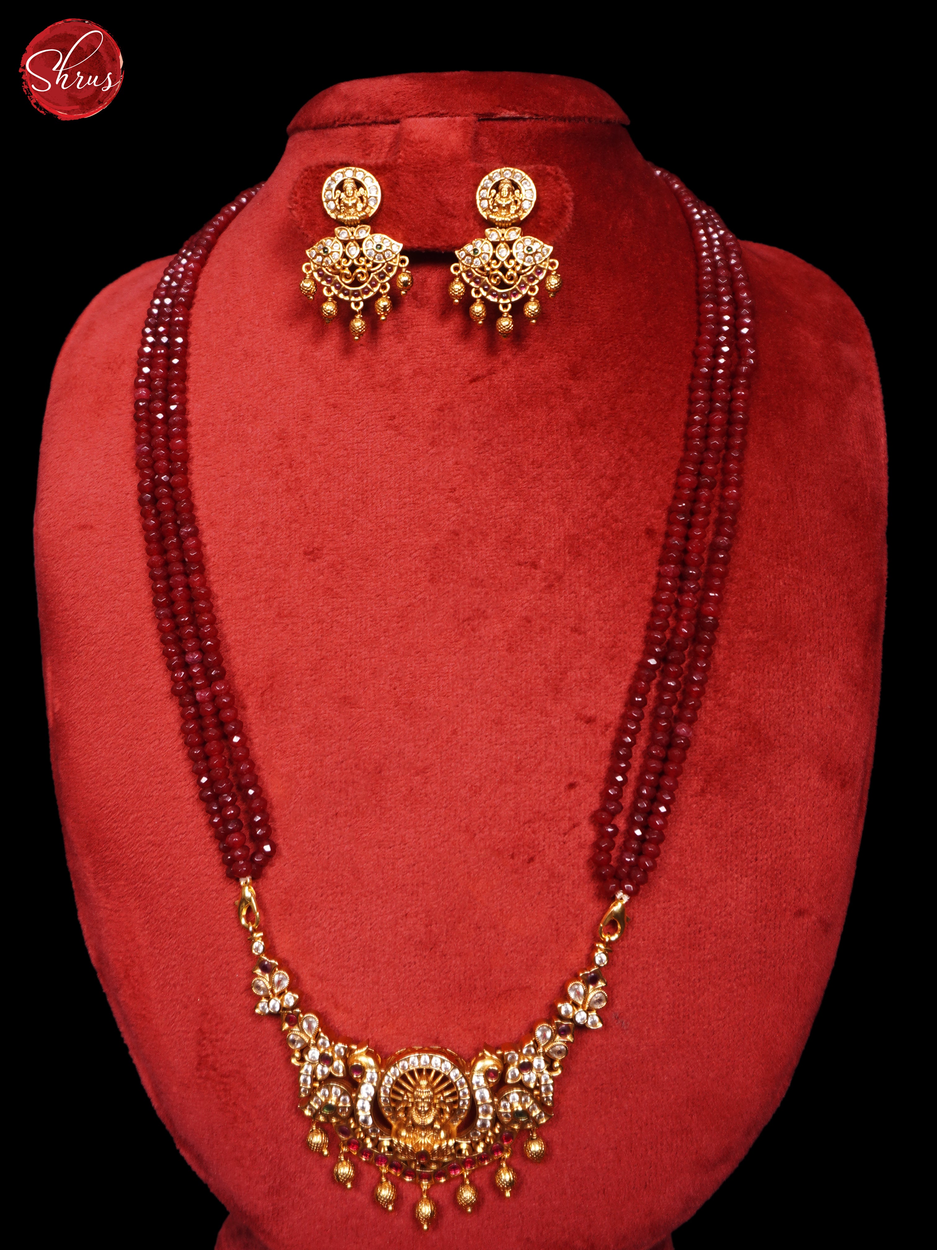 Lakshmi gold plated pendant with Beads Mala- NECK PIECE & EARRINGS - Shop on ShrusEternity.com