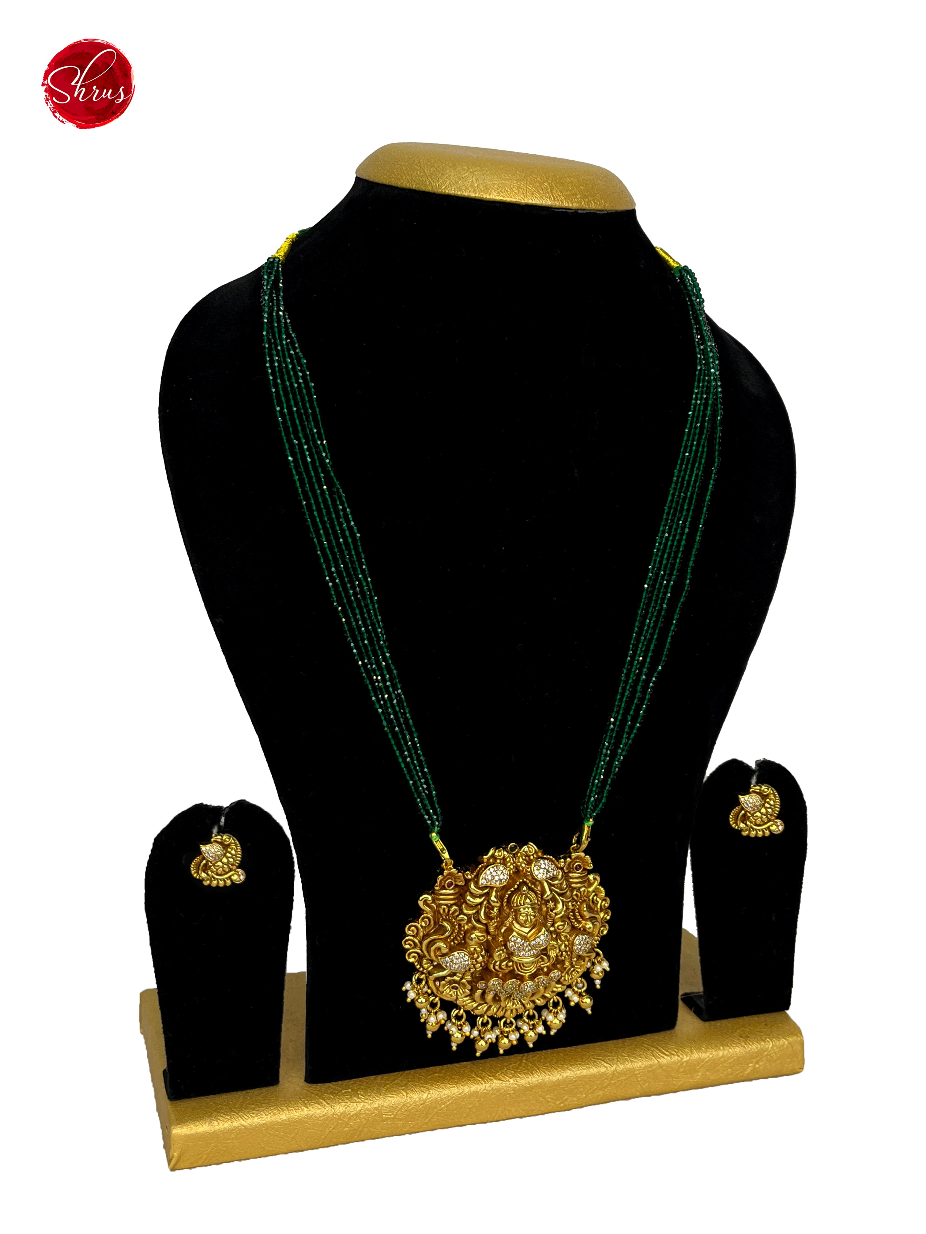 Gold Plated Pendant with Green Crystal Mala- NECK PIECE & EARRINGS - Shop on ShrusEternity.com
