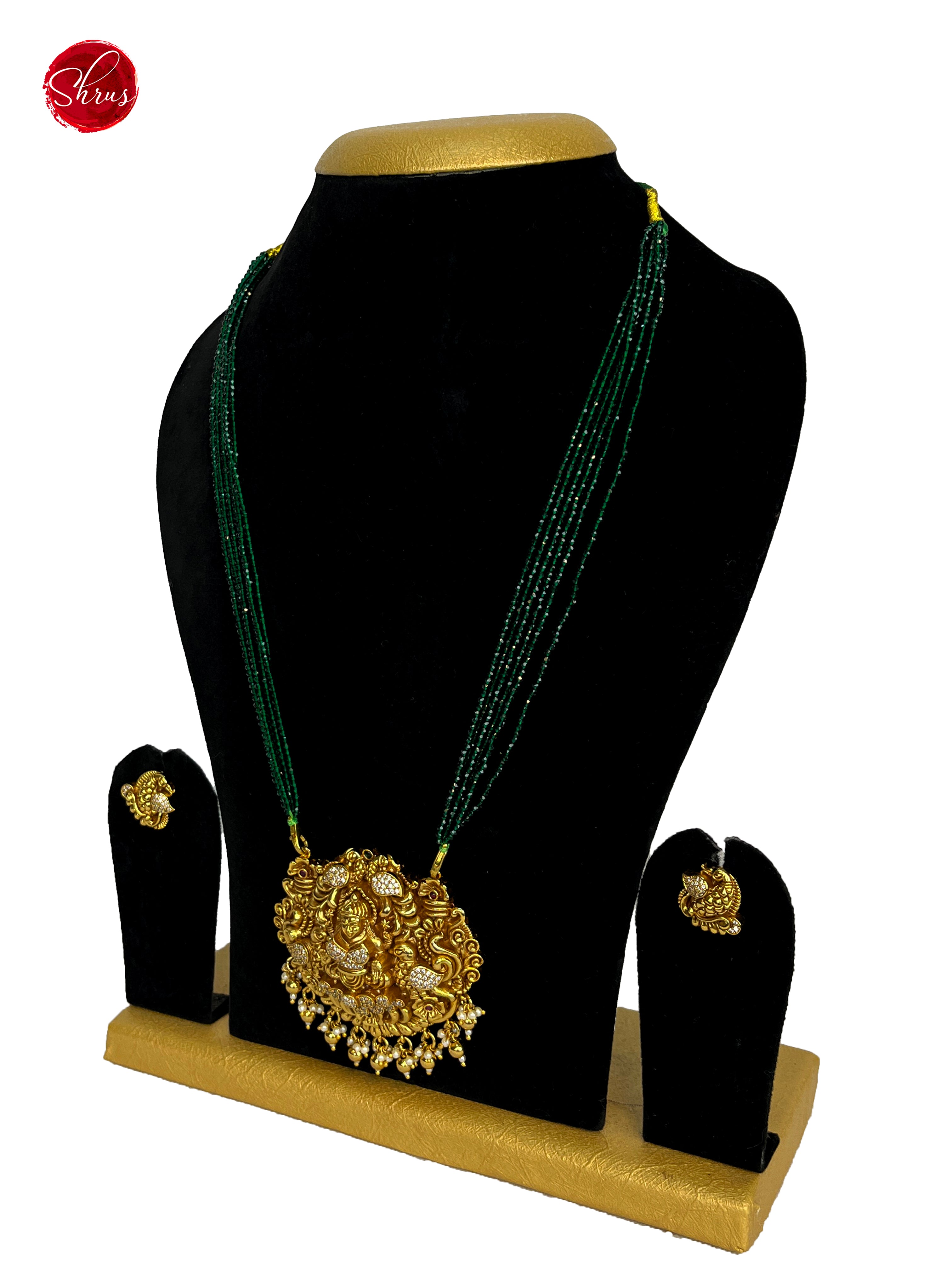Gold Plated Pendant with Green Crystal Mala- NECK PIECE & EARRINGS - Shop on ShrusEternity.com