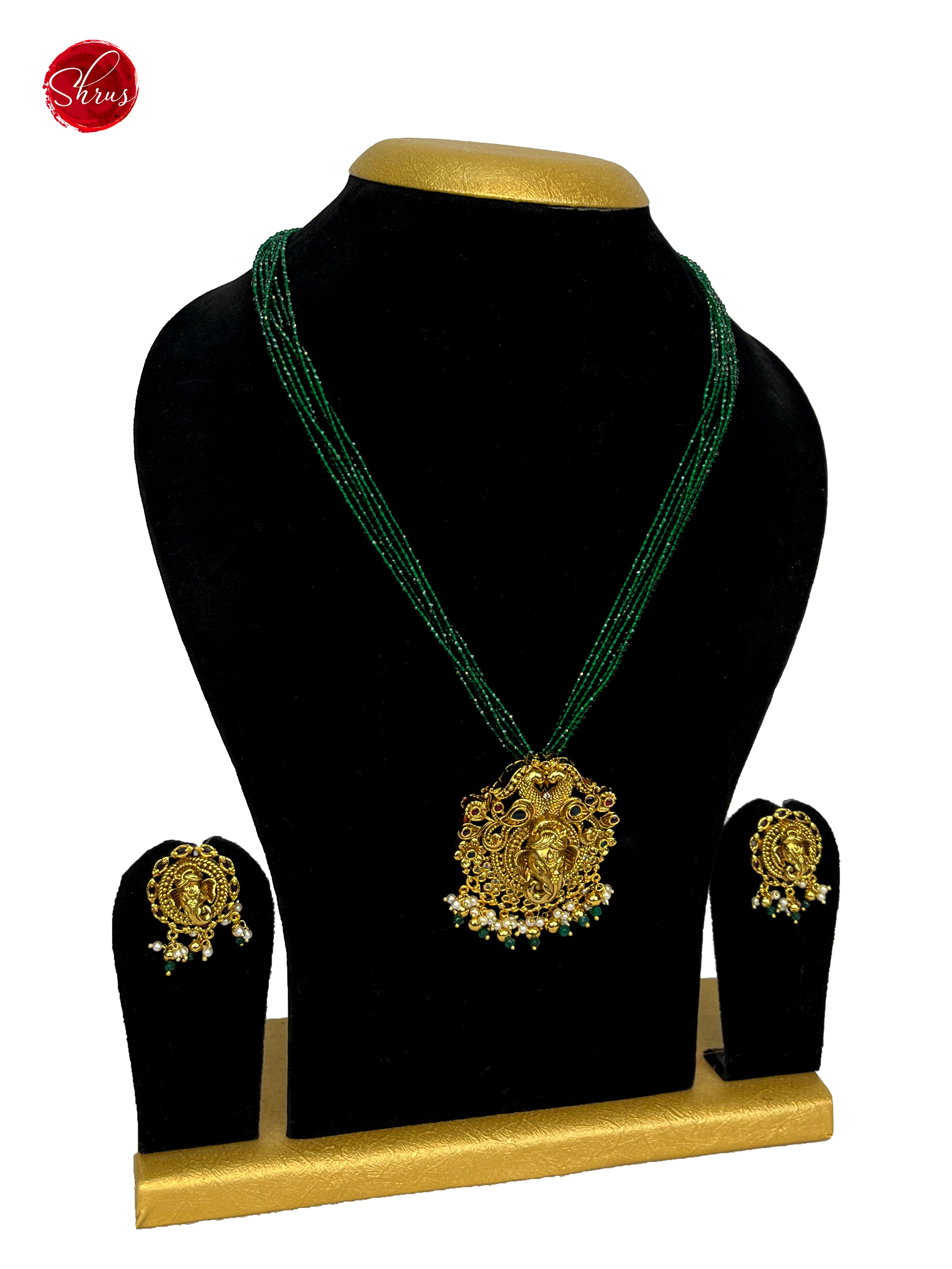 Gold Plated Peacock Pendant with Green Crystal Mala- NECK PIECE & EARRINGS - Shop on ShrusEternity.com
