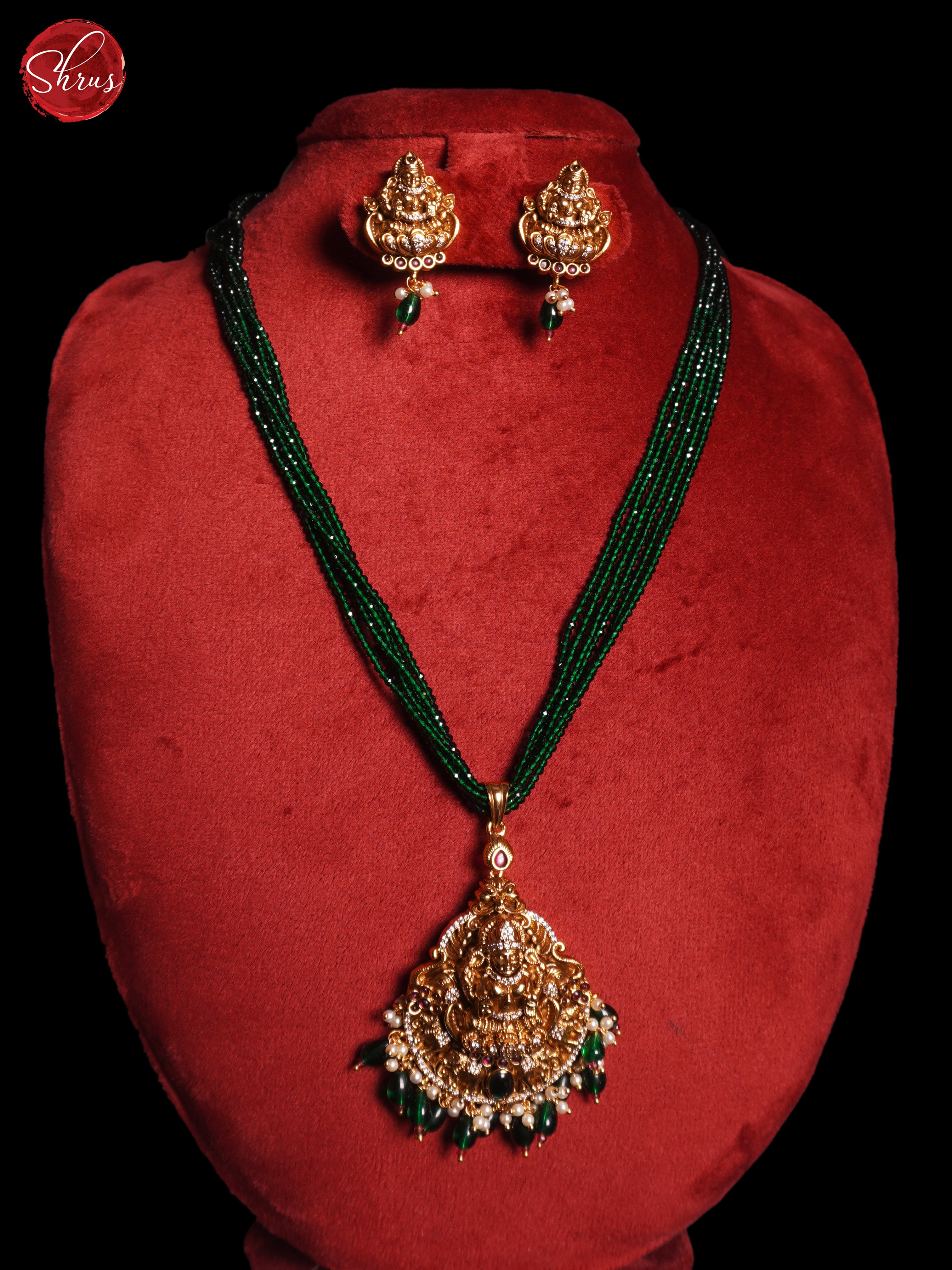 Gold plated Lakshmi Pendant with Green Crystal Mala - NECK PIECE & EARRINGS - Shop on ShrusEternity.com