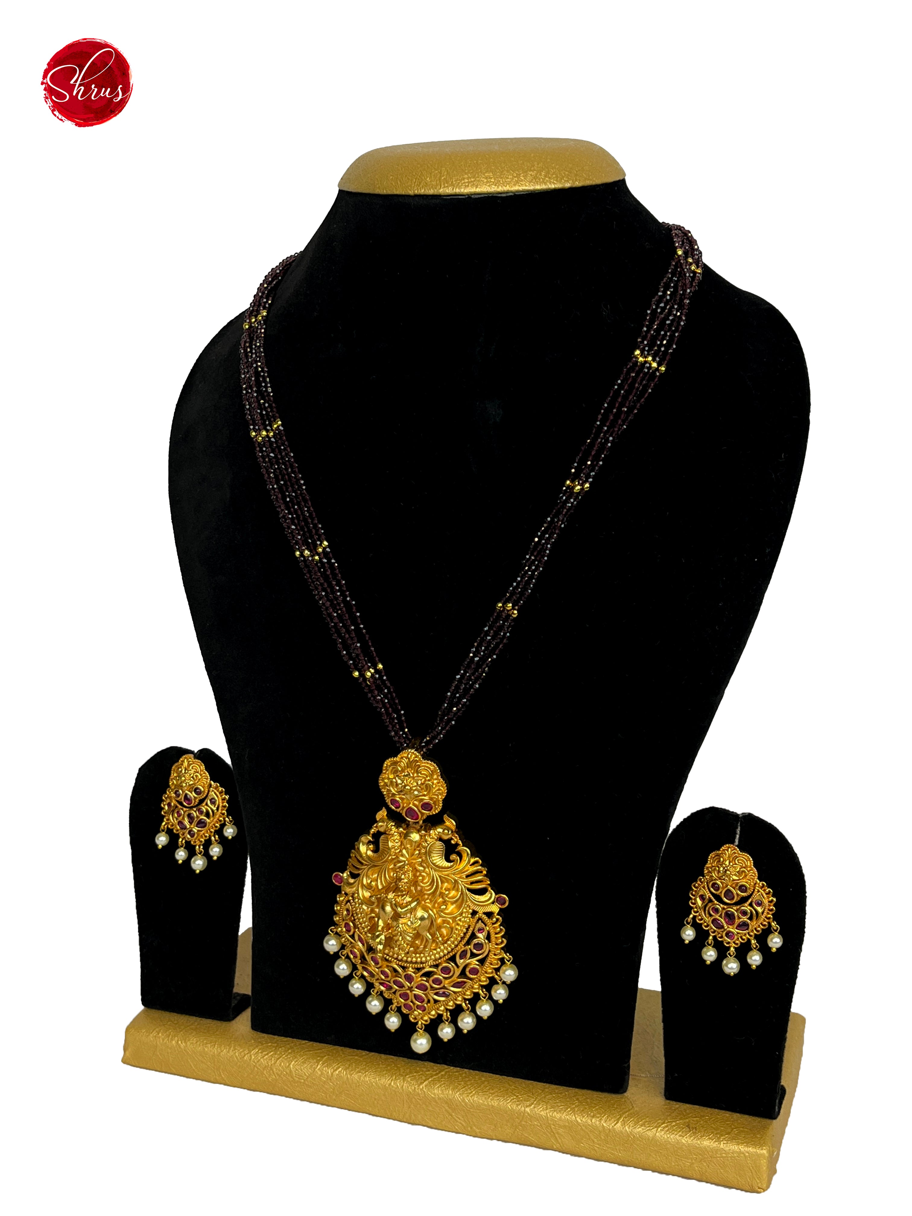 Gold Plated Peacock Pendant with Red Crystal Mala - NECK PIECE & EARRINGS - Shop on ShrusEternity.com