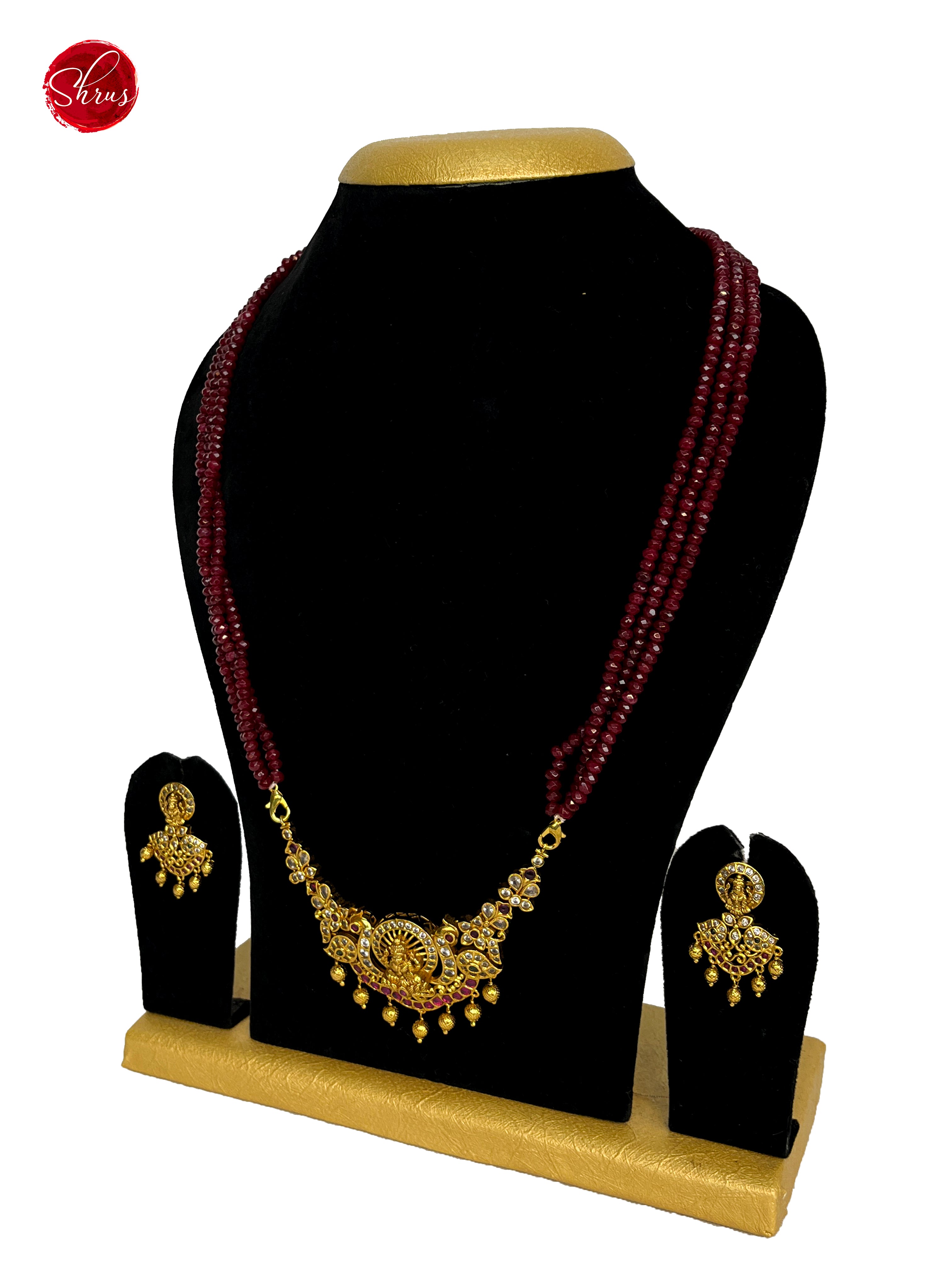 Lakshmi gold plated pendant with Beads Mala- NECK PIECE & EARRINGS - Shop on ShrusEternity.com