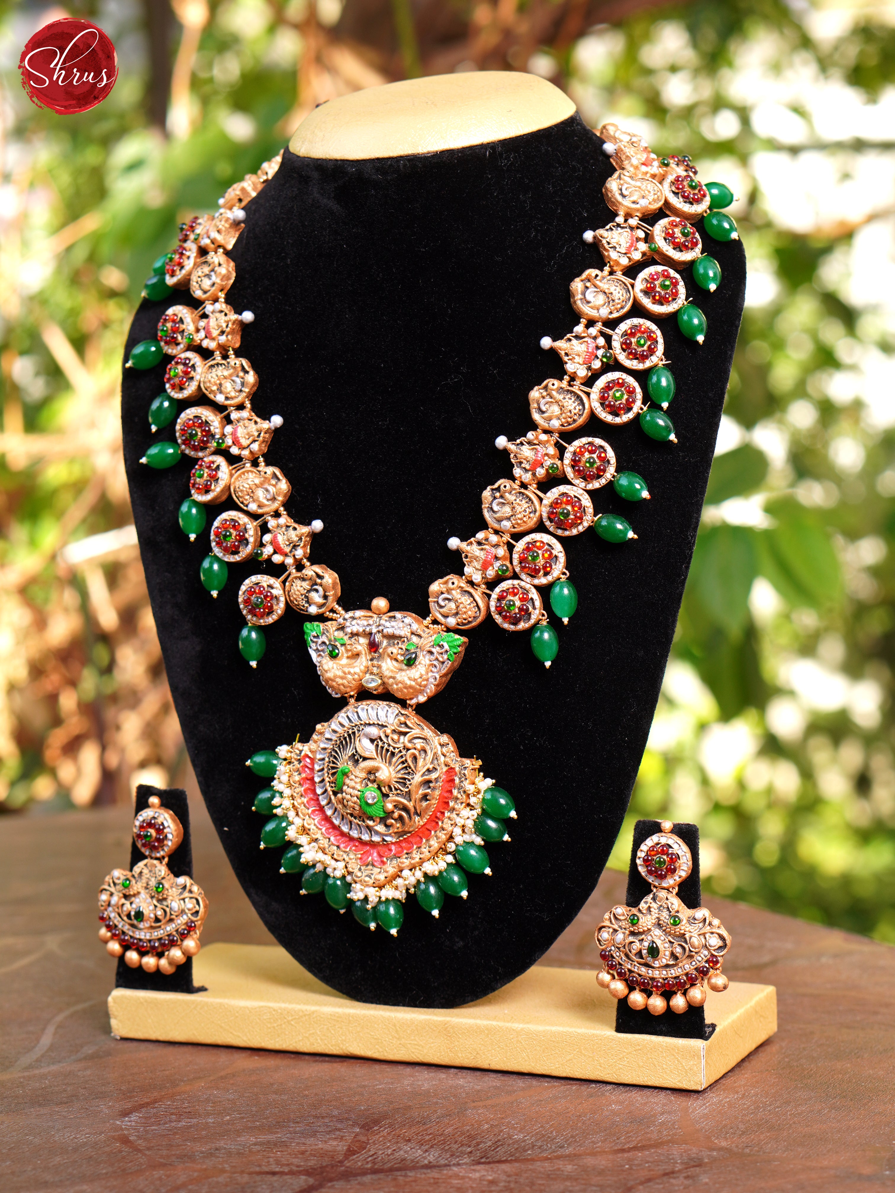 Handcrafted  Peacock Terracotta necklace with Chandballi Jhumkas- Accessories - Shop on ShrusEternity.com