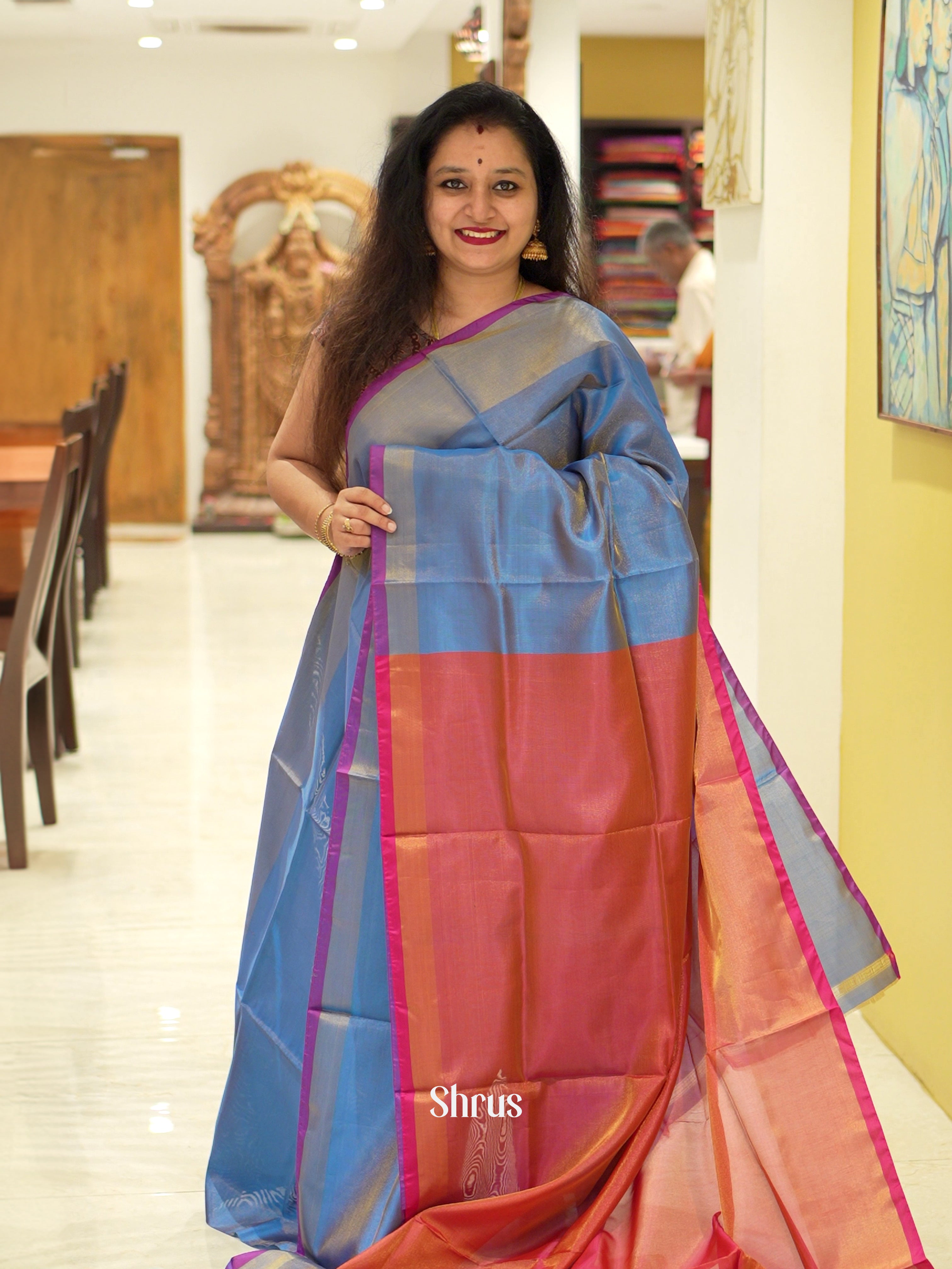 Blue & Orangish Pink - Semi Tissue Saree