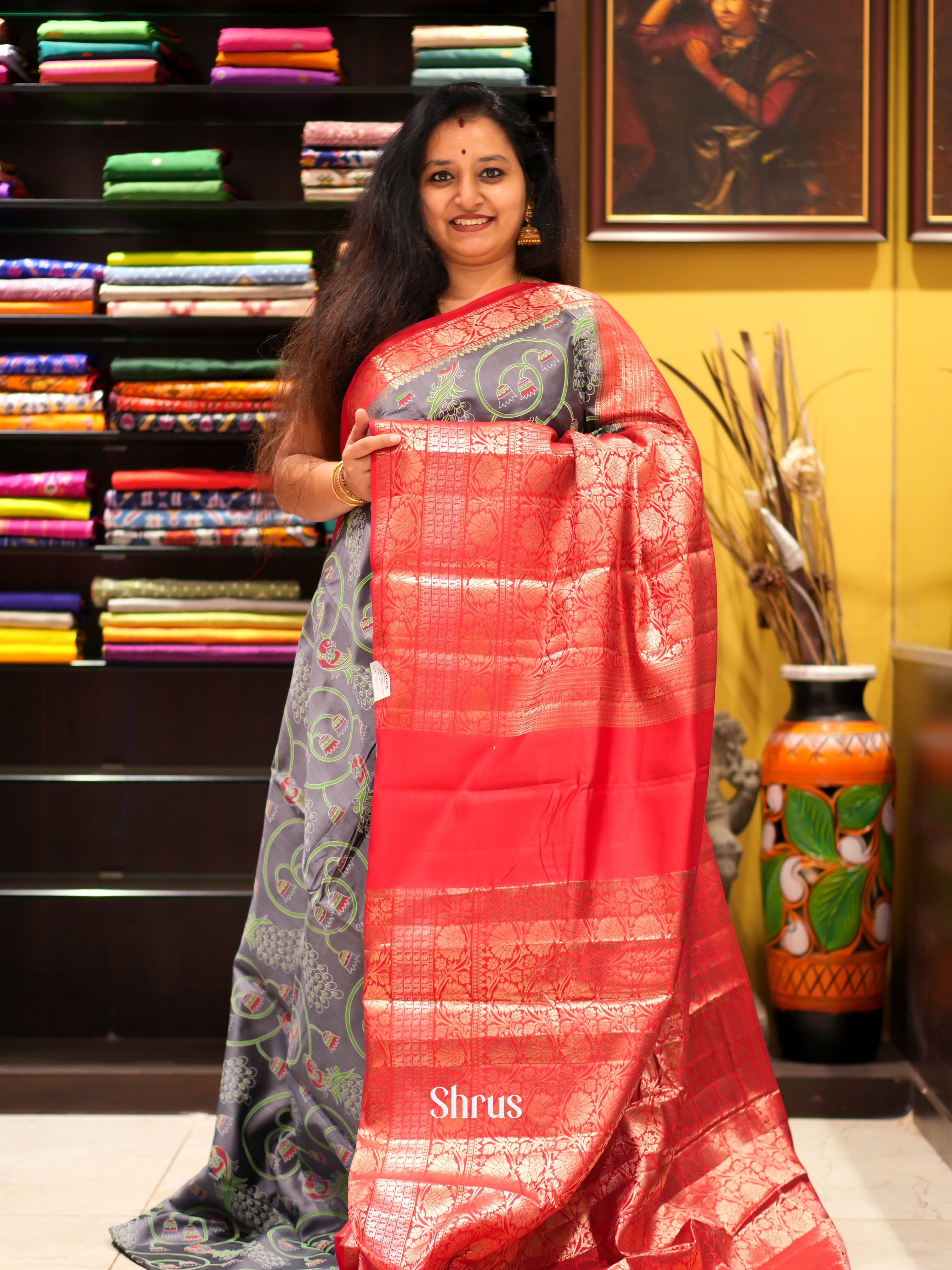 Grey And Red- Tussar Saree