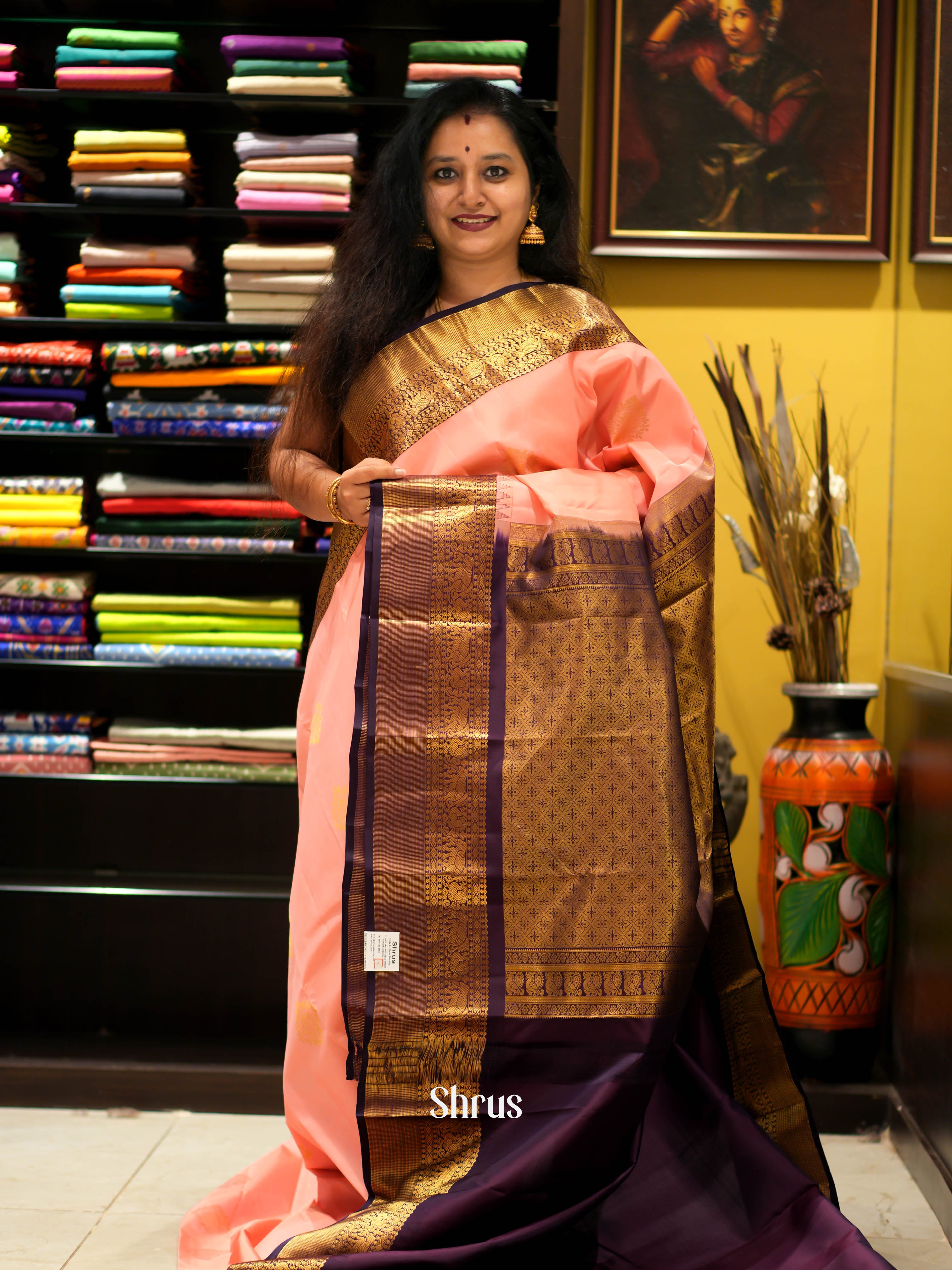 Peachish Pink & Brown - Kanchipuram Silk Saree