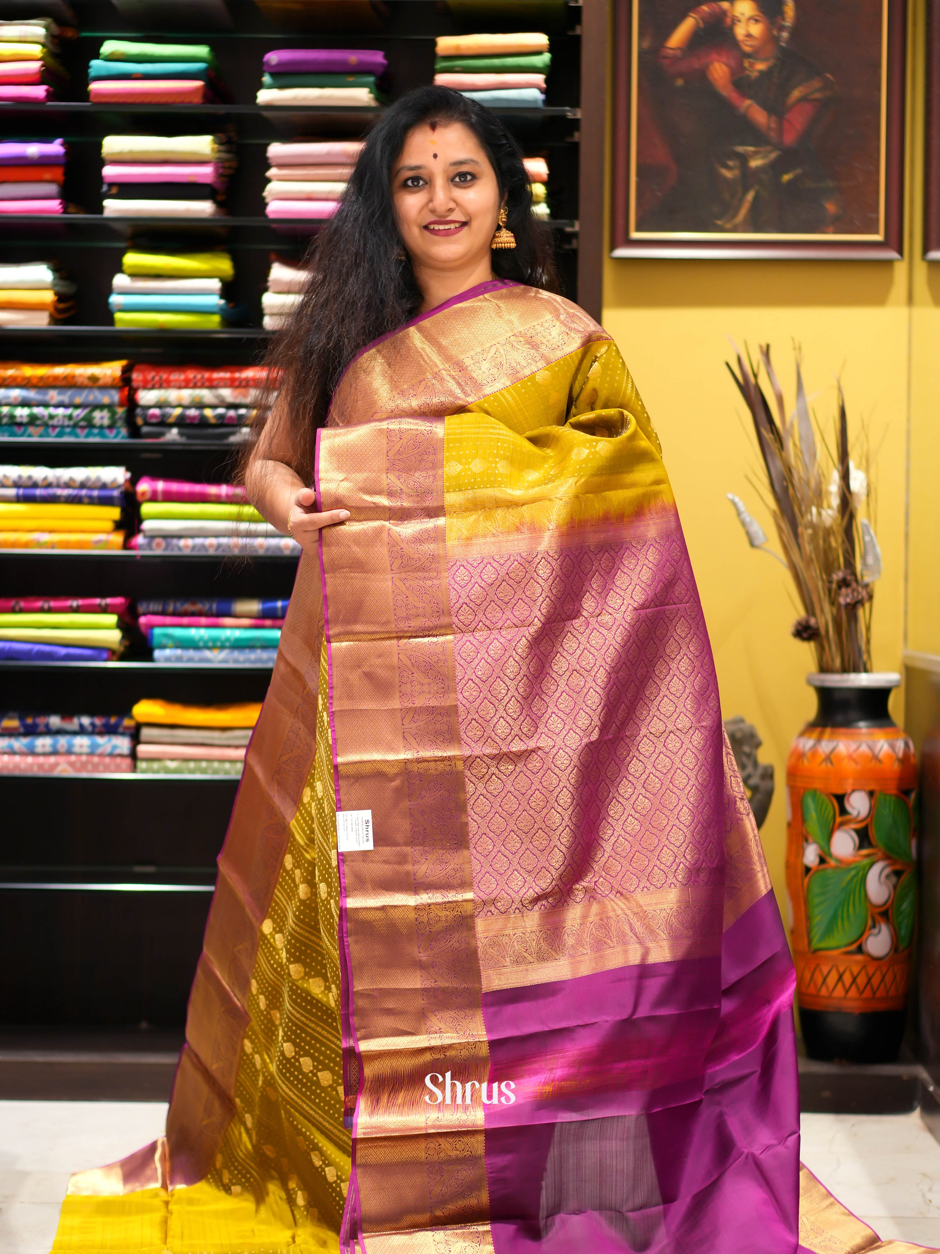 Mehandi Green & Purple - Kanchipuram halfpure Saree