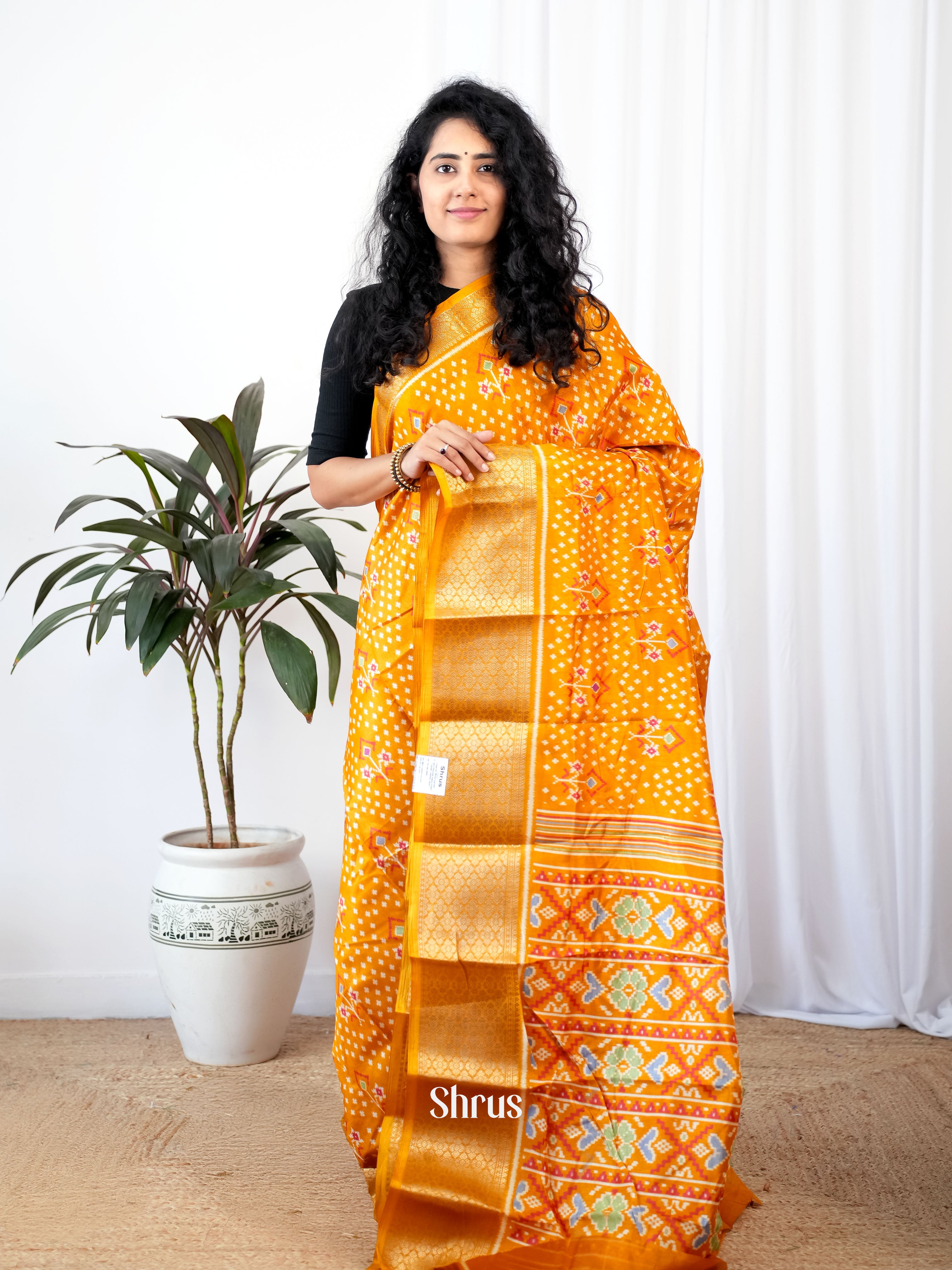 Orange - Semi Crepe Saree