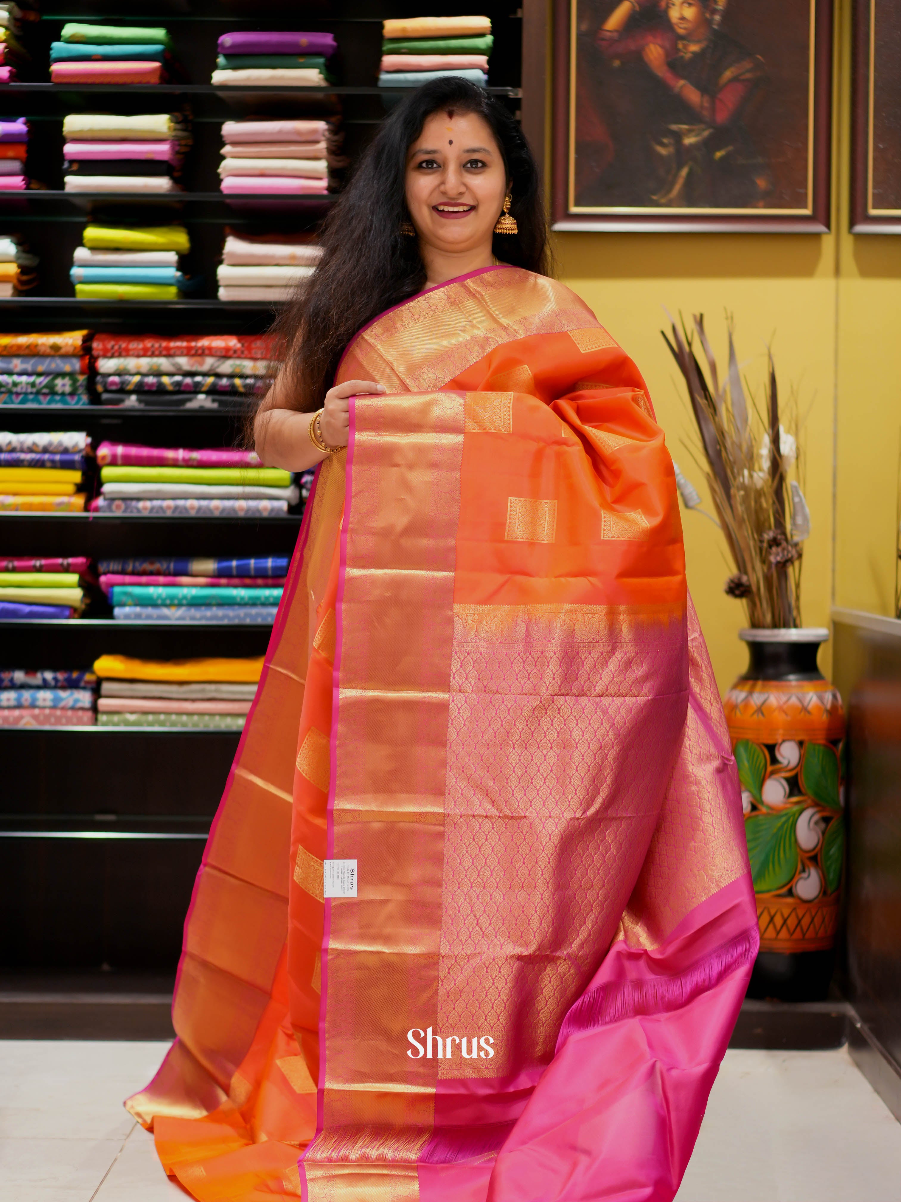 Orange & Pink - Kanchipuram halfpure Saree