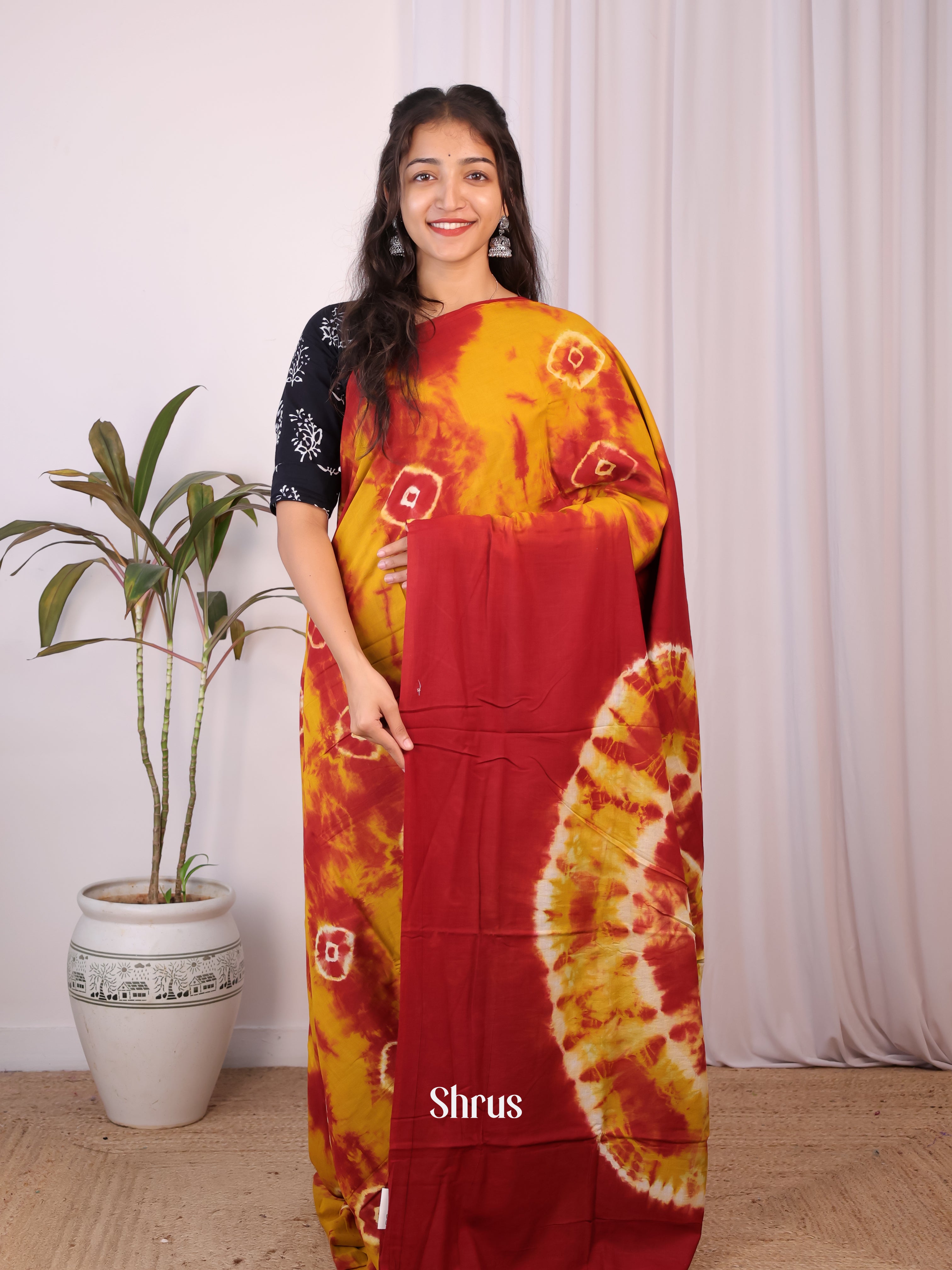 Mustard & Red - Cotton Saree