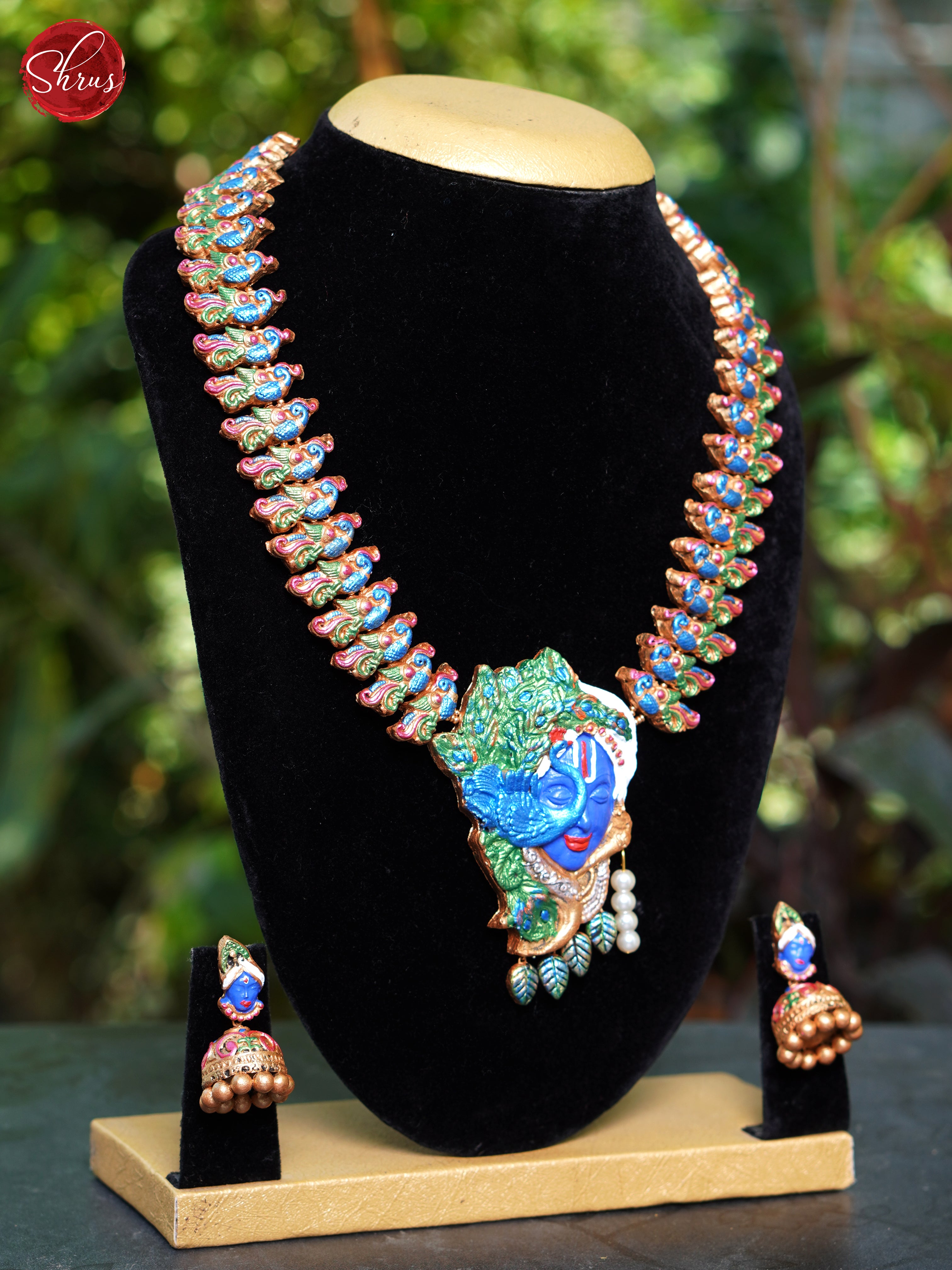lord krishna , peacock terracotta necklace with  jhumkas  - NECK PIECE & EARRINGS - Shop on ShrusEternity.com