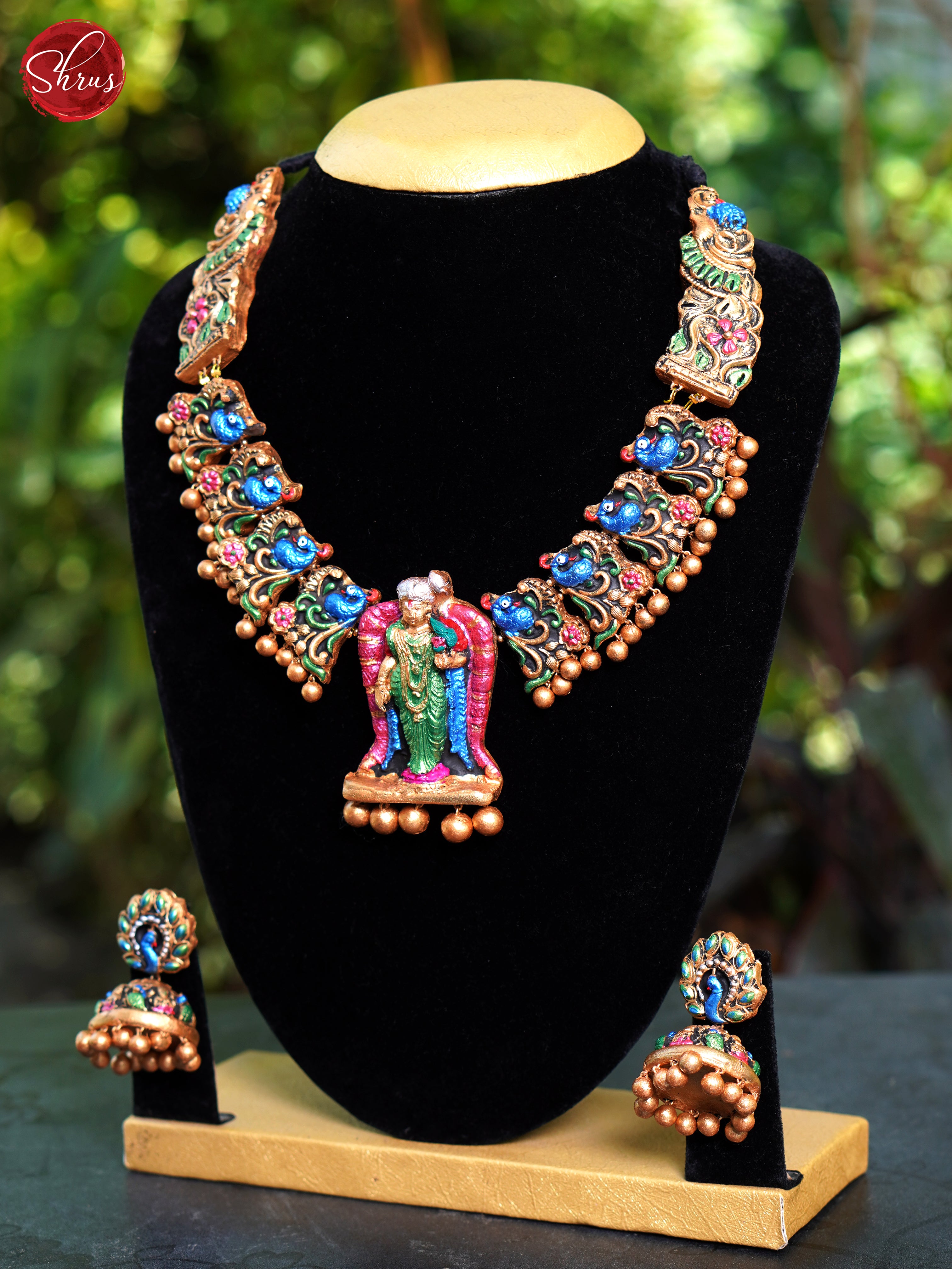 Lord  Meenakshi Pendant terracotta neckpiece with jhumkas - Neck Piece & Earrings - Shop on ShrusEternity.com