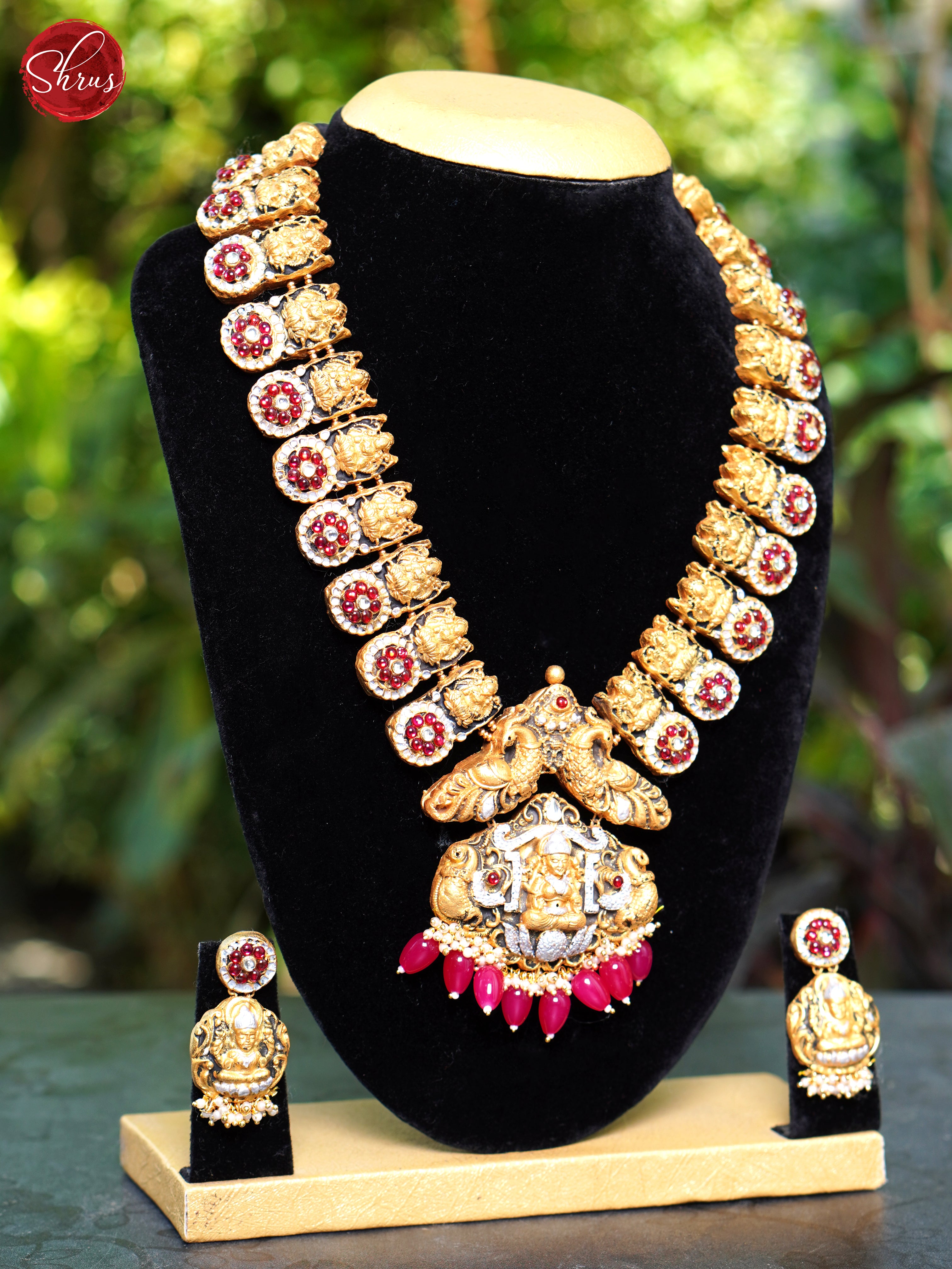 Lakshmi , peacock pendant Terra cotta Necklace with earring - Neck Piece & Earrings - Shop on ShrusEternity.com